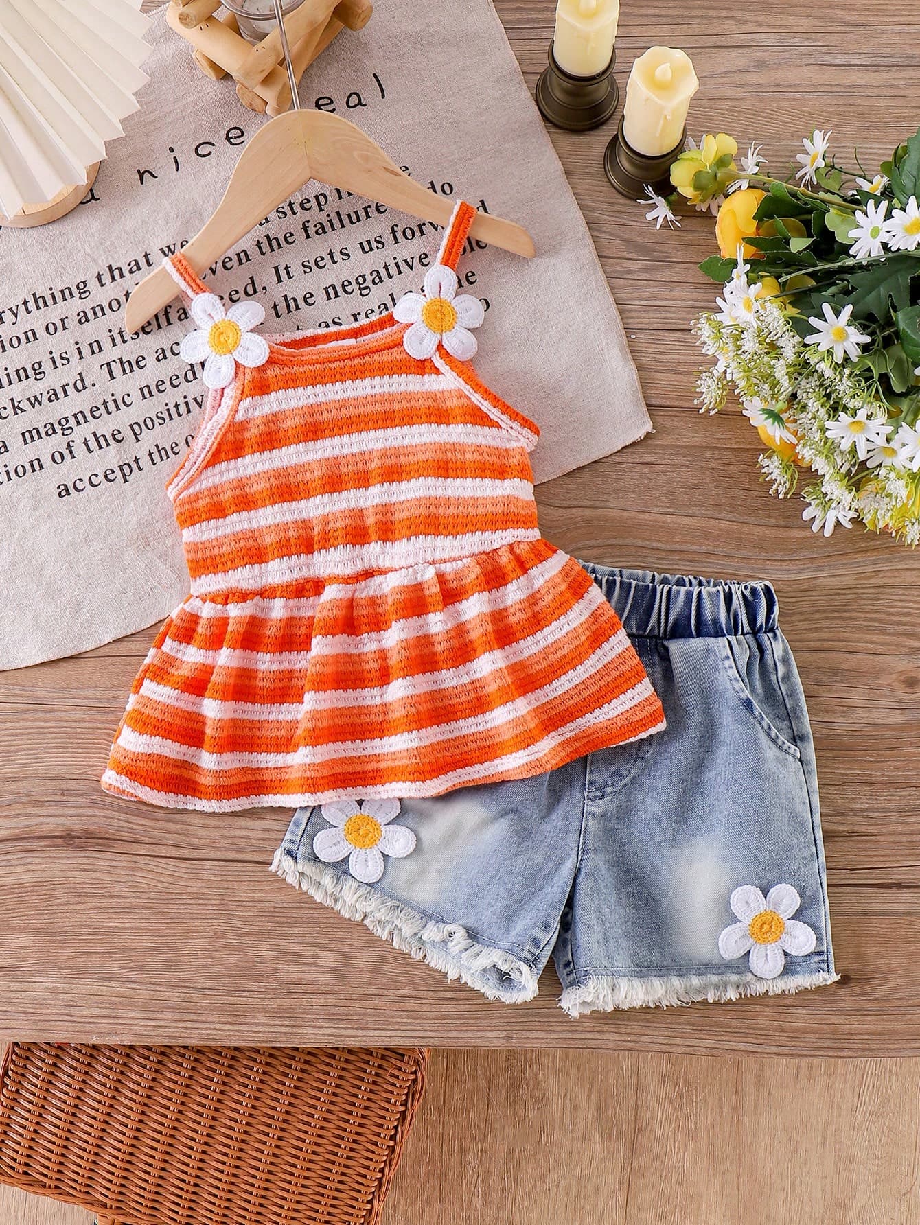 2pcs/Set Young Girl' Casual Striped Camisole And Denim Shorts Set, Summer