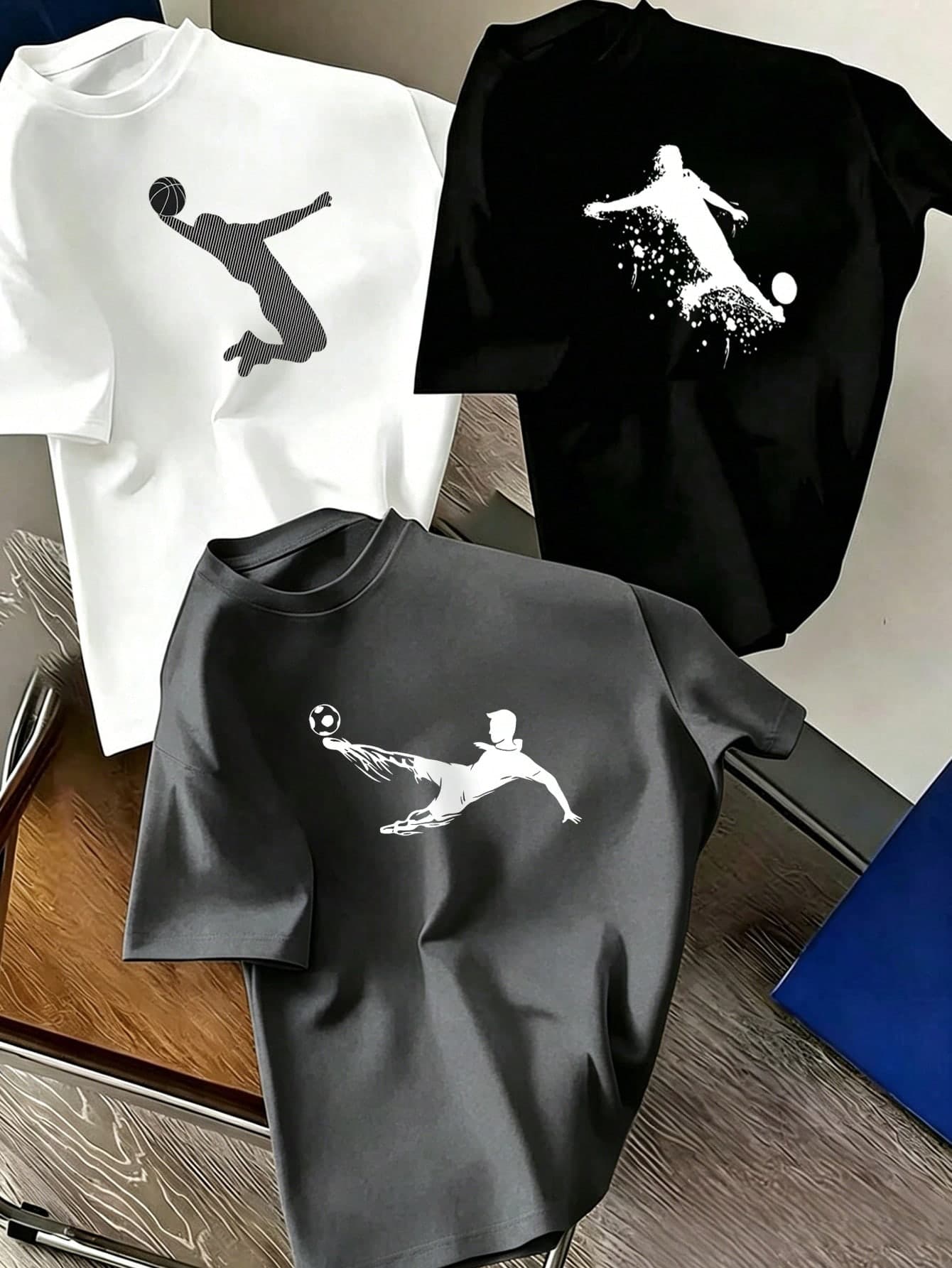 3pcs Boys' Sports Graphic Print T-Shirts, Football Basketball Player Silhouette Design Casual Short Sleeve Crew Neck Tops, Children Summer Wear Suitable For Kids And Teens