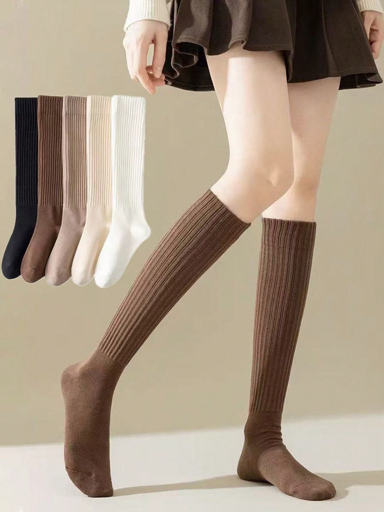 1 Pair Women's Autumn/Winter Solid Color Compression Fashion Slimming Calf Socks, Maillard Color Palette, Japanese JK Sweet Style, High Tube Warm Long Socks