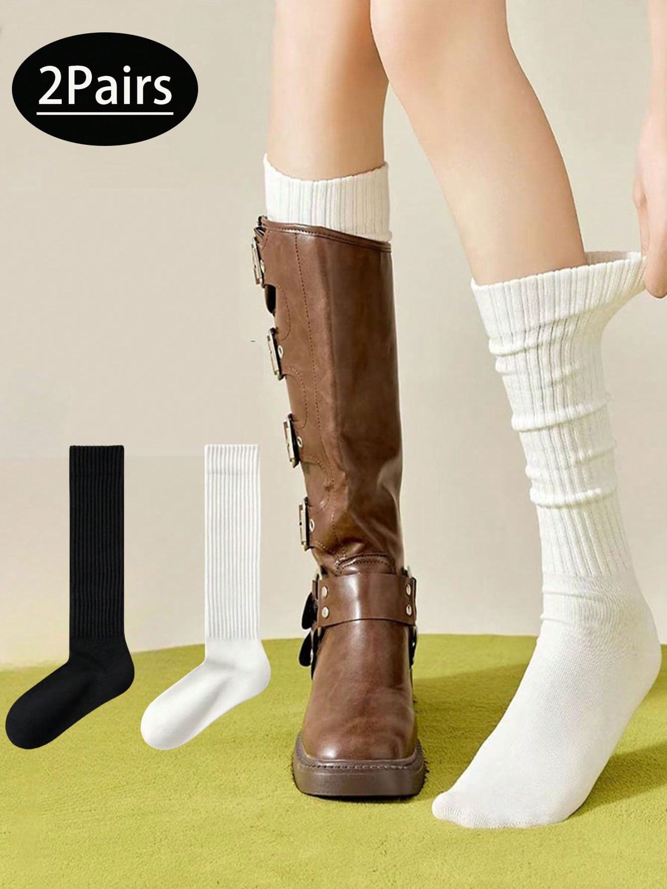 1/2/3/4 Pairs Women's Warm Thickened Calf Compression Socks - Slim Fit Elastic Leg Warmers, Multi-Color (White/Black) Side Stripe Boot Socks, Suitable For Winter, Cold Weather And Daily Wear, Machine Washable, Women's Winter Socks, Women's Winter Socks, Fluffy Socks Wedding Season Back To School Season Solid White Calf Socks