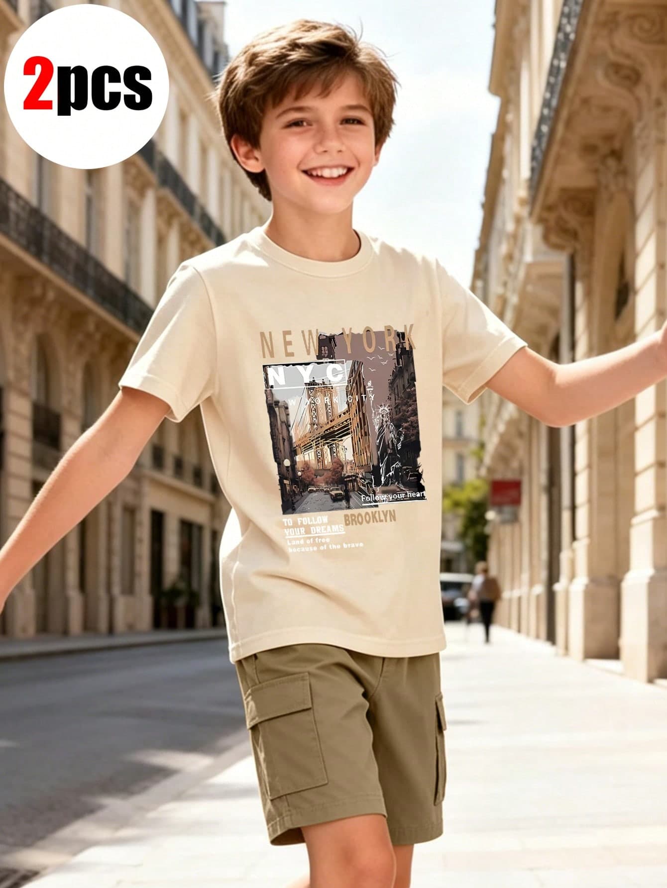 2pcs/Set Tween Boy Crew Neck Short Sleeve T-Shirt With Simple Floral Print And Casual Simple Khaki Shorts, Summer New Arrival