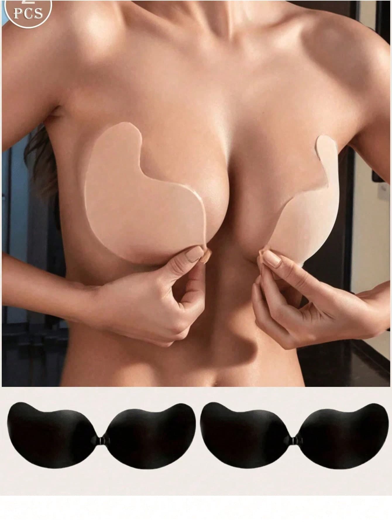 1 Pair Black Mango Cup Self Adhesive Bra, Strapless Invisible Silicone Push Up Pasties For Small Bust, Wedding & Slip Dresses