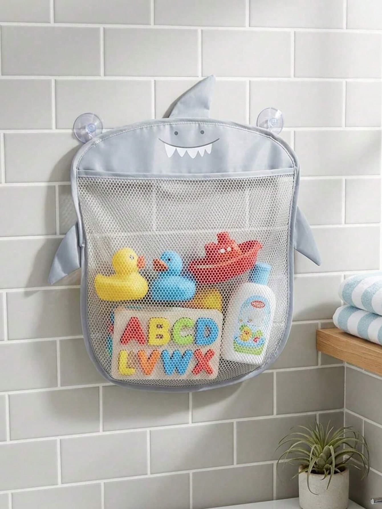 1pc Cartoon Shark 3D Design Oxford Cloth Mesh Bag With Strong Suction Cup Wall Mount, Large Capacity Draining Bathroom Baby Bath Toy Storage Hanging Bag, Simple Home Storage Organizer For Moms