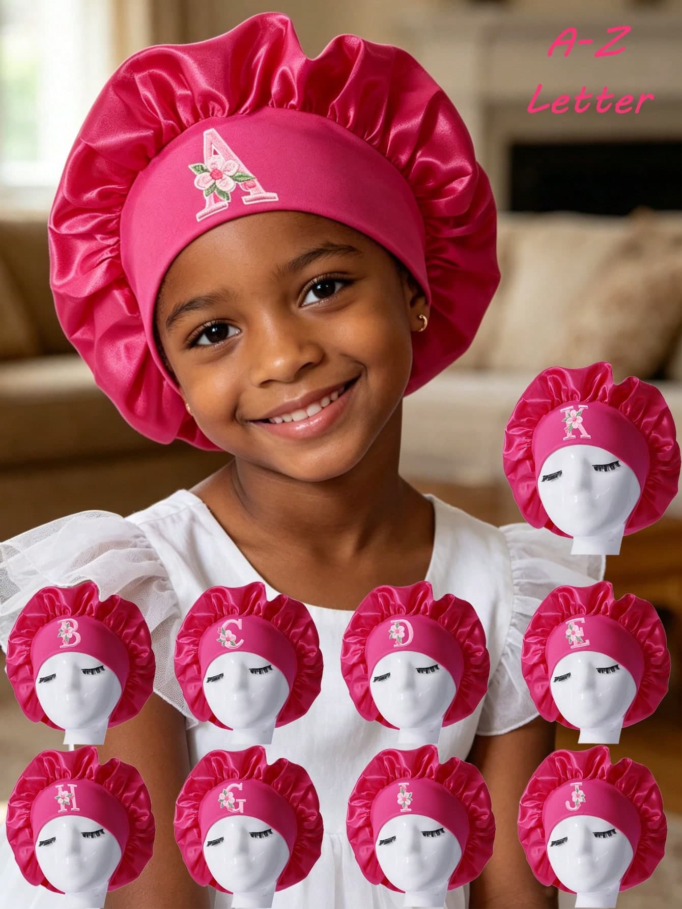 1PC Kids Satin Sleep Cap With A-Z Letter Soft Comfortable Hair Bonnet, For Curly Hair Care, Hair Wrap For Toddlers & Children And Hair Protection