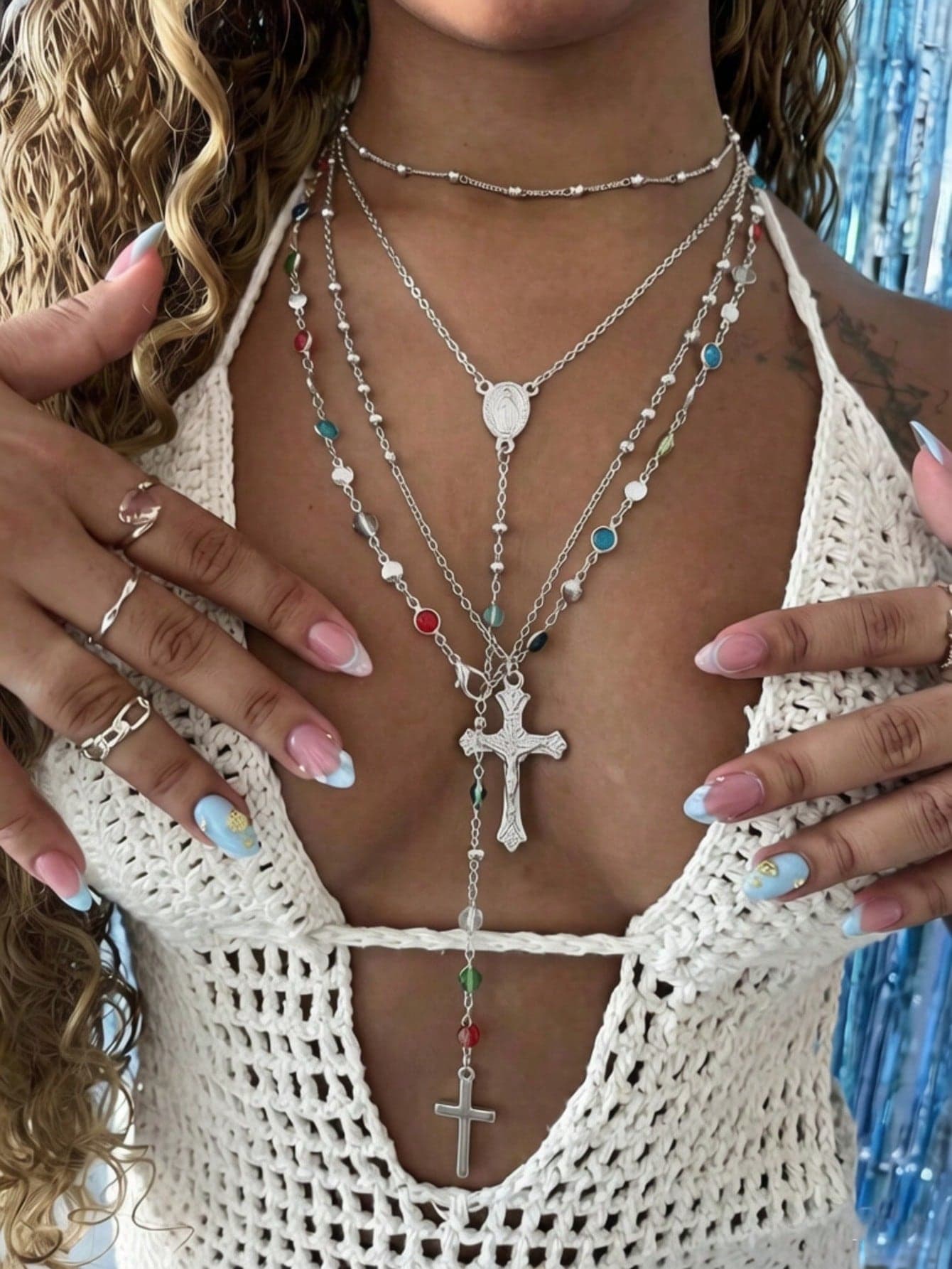 4pcs/Set Faux Gemstone Rhinestone Cross Necklace Set, Elegant Vintage Sexy, Suitable For Women's Summer Beach, Ball, Party Wear