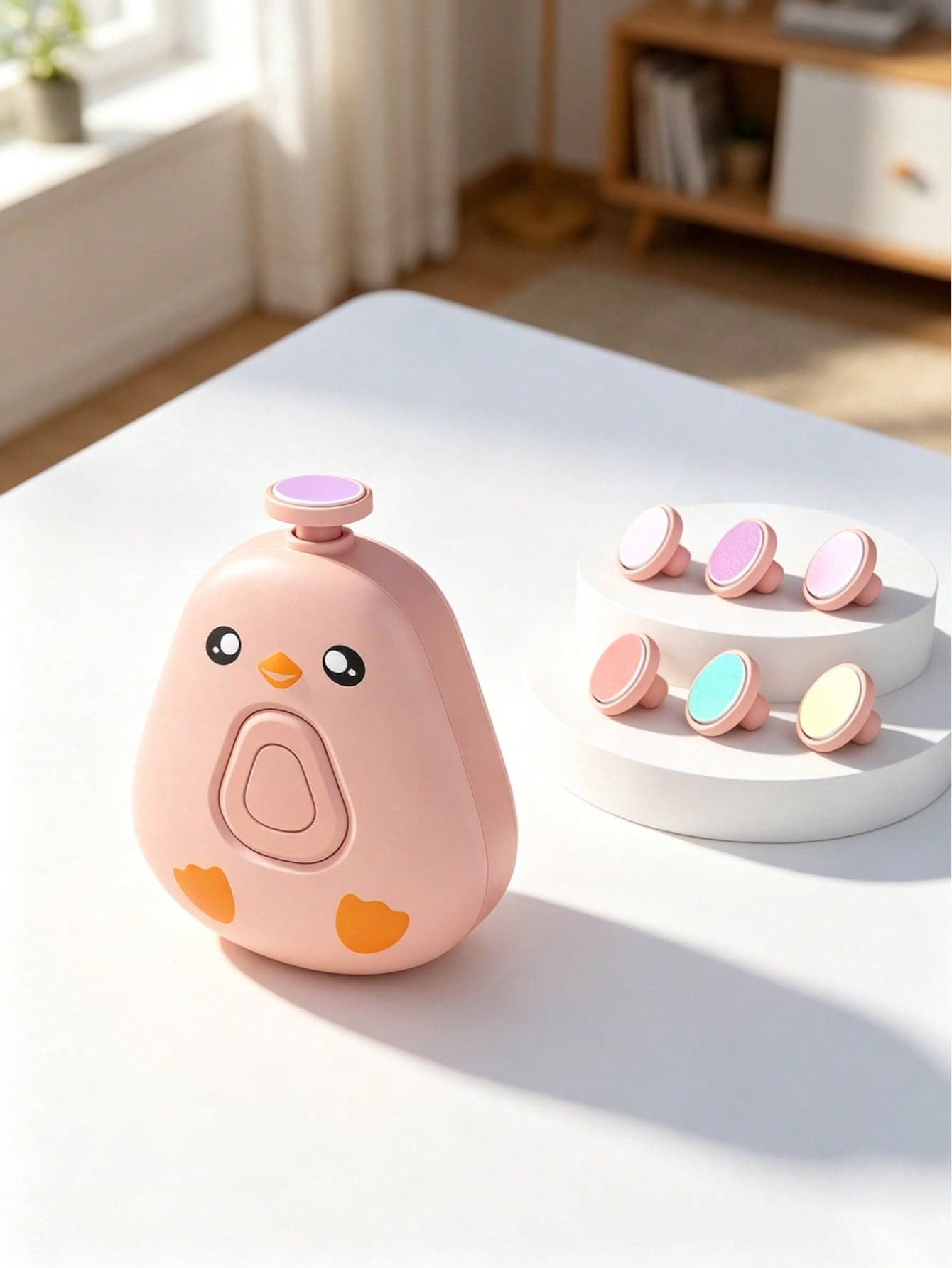 1pc Baby Electric Nail Trimmer 6-In-1 Full Set | Cute Chick Design Quiet Operation | Multiple Replacement Heads Anti-Pinch Anti-Scratch | Baby Nail Care Kit | Newborn Infant Nail Trimming Grooming Tool