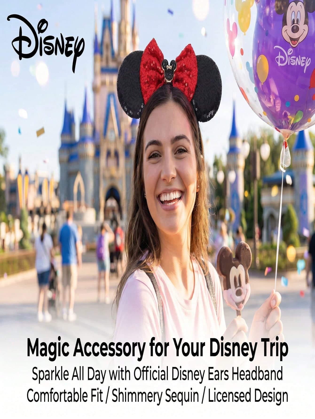 Classic Disney Minnie Mouse Ear Headband, Black Shiny Sequin Ears, Red Sequin Bow, Mini Mickey Metal Pendant, Suitable For Disney Theme Park Trip, Vacation Photo Prop, Birthday Party Outfit, And Holiday Or Birthday Gift