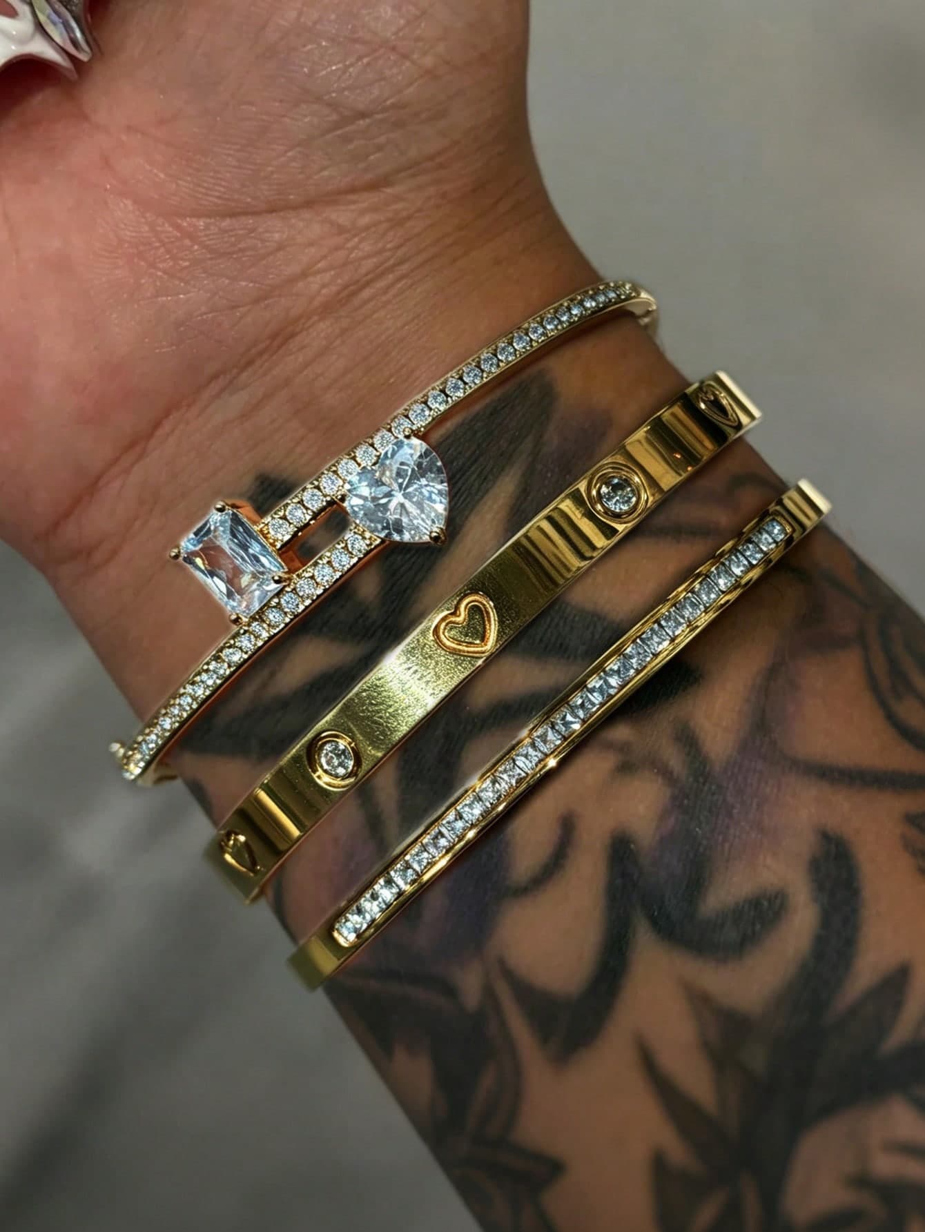 1/3pcs Stainless Steel 18K Gold Plated Heart Rhinestone Bangle Bracelet Set, 14K Gold Copper Inlaid Cubic Zirconia Open Cuff Bracelet, Fashionable Women Daily Wear, Holiday Gift