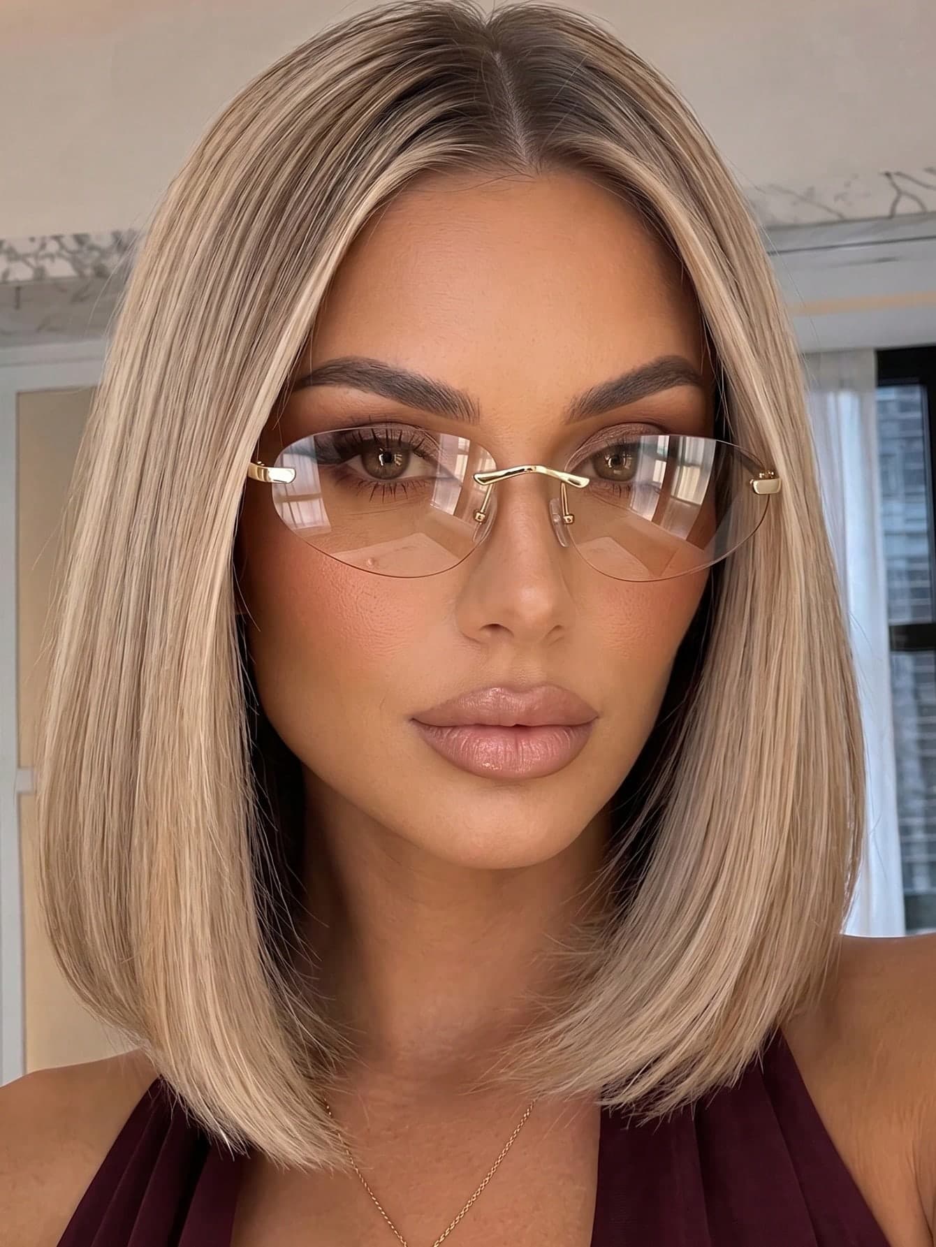 1 Pair Women's Champagne Color Rimless Metal Temple Cut Edge Personalized Fashion Glasses Suitable For Daily Wear