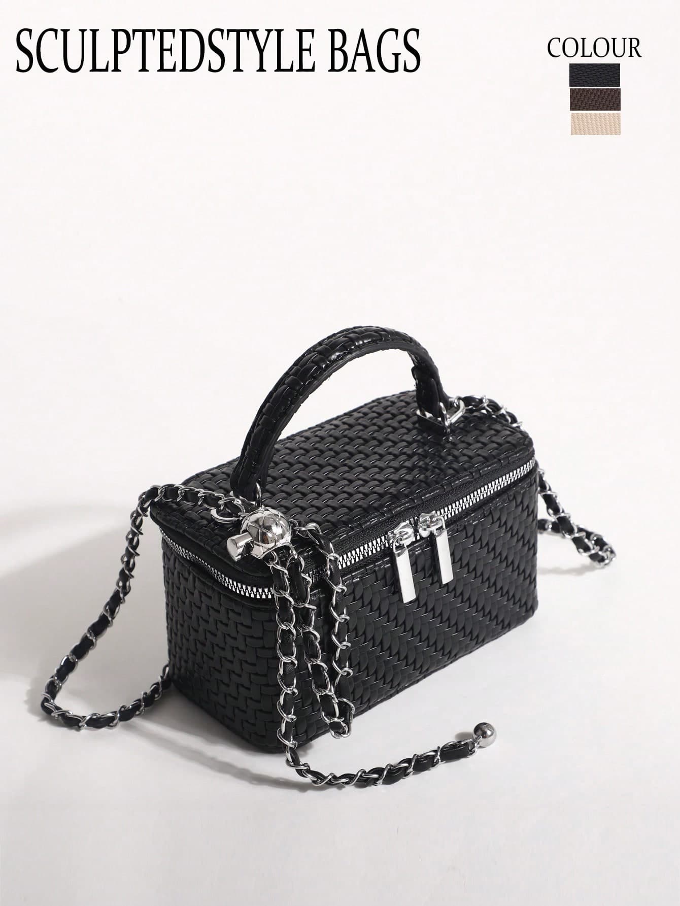 1pc Black Woven Embossed PU Handheld Box Bag With Zipper, Small Square Chain Shoulder Crossbody Bag, Suitable For Commuting And Shopping
