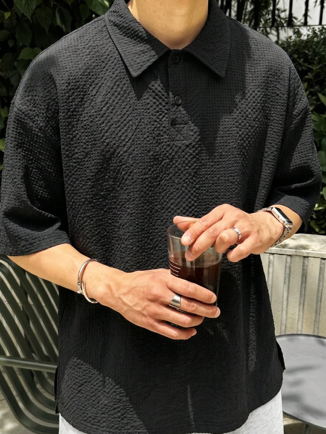 1pc Men's Polo Shirt, Black Textured Collar Polo Shirt, Knitted Fabric Loose Fit Skin-Friendly Comfortable, American Retro Street Style Cool, Daily Commute Summer Casual Social