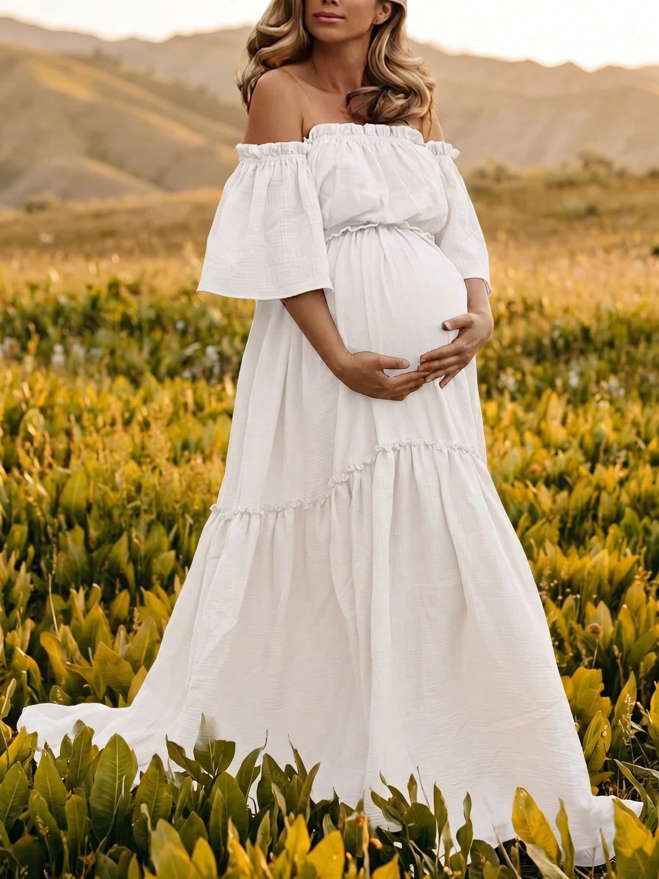 White Maternity Off-Shoulder Layered Short Sleeve Chiffon Dress With Ruffled Hem And Train, Suitable For Special Occasions Like Lawn, Beach, Garden Spring