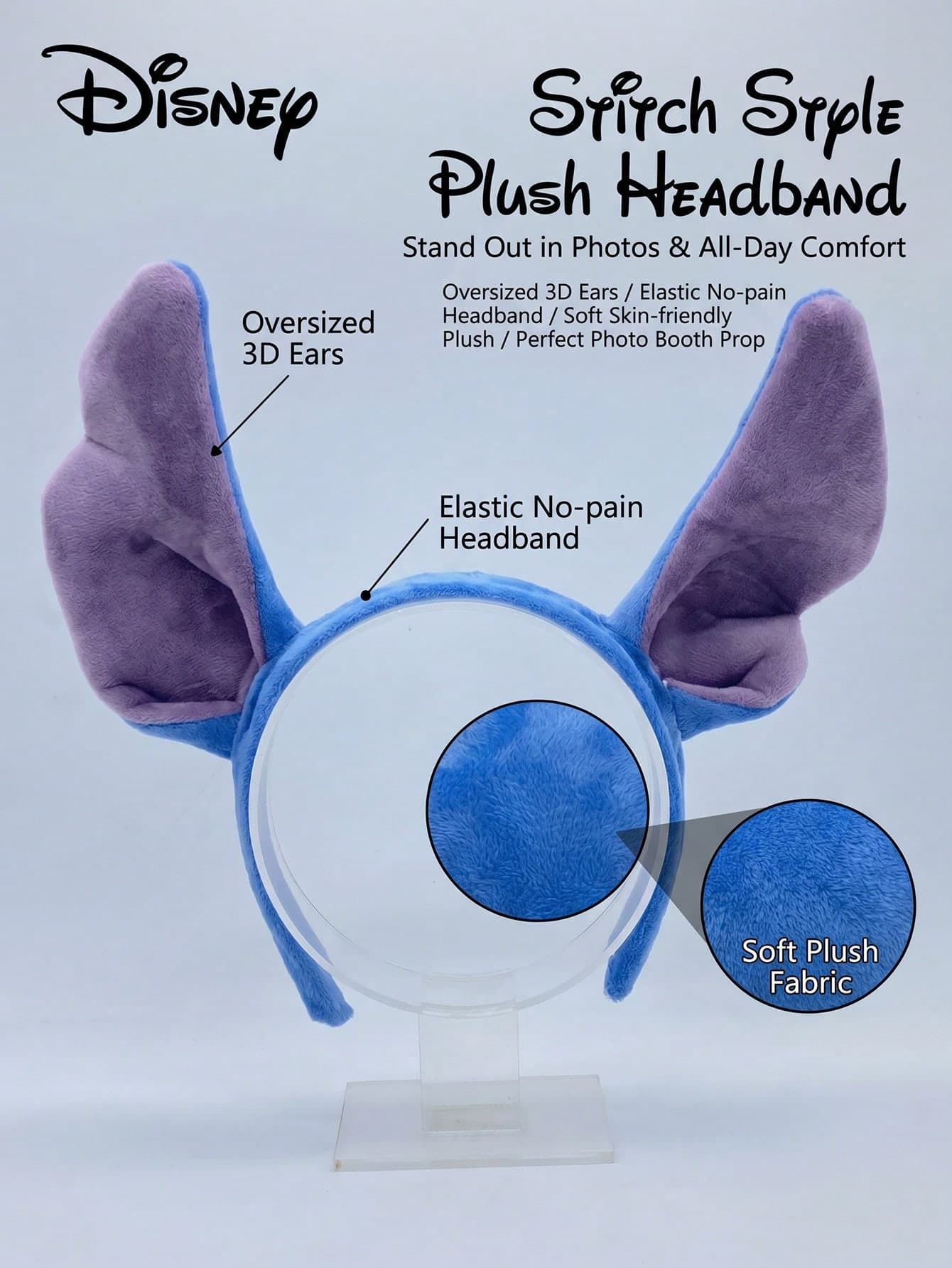 Disney Stitch Plush Ear Headband, Soft Blue-Purple Stitch Character Plush Ears Headband, Cute Cartoon Costume Hair Accessory, Perfect For Disneyland Trips, Vacation Photo Props, Family Travel Outfits, And Stitch-Themed Party Cosplay.