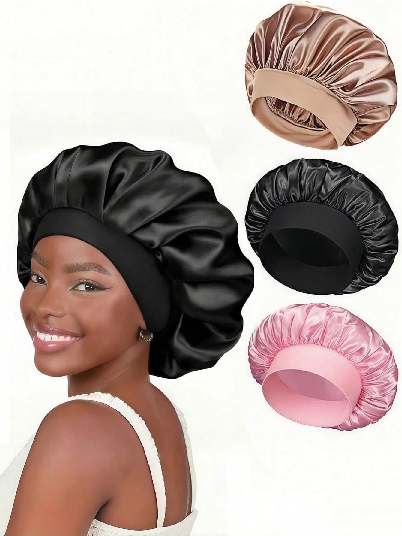 1pc Silk Sleep Cap Set, Soft Elastic Satin Hair Cap, Suitable For Short Hair/Natural Hair (Black, Gold, Pink), Gentle Hair Care Sleep Cap, Anti-Freeze Design
