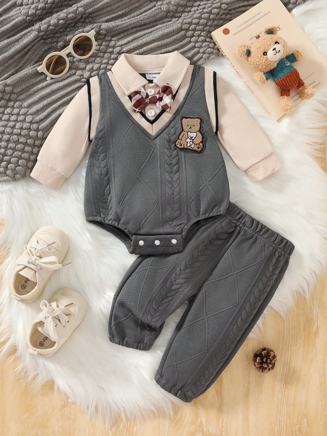2pcs Infant Baby Boys' Lapel Printed 3D Bow Tie Bear Embroidery Romper + Pants Set