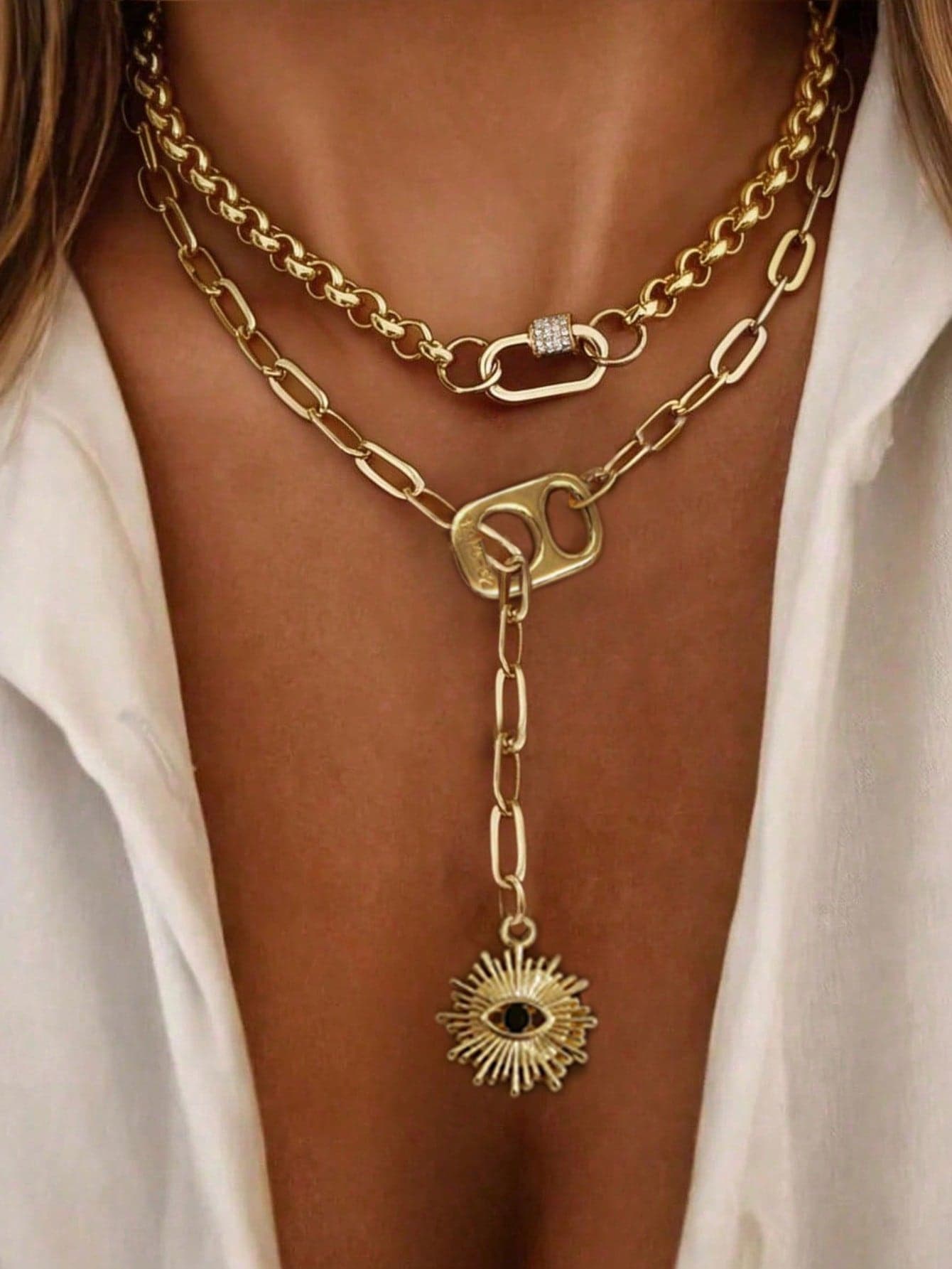 1PC Gold Can Tab Clasp With Devil's Eye Pendant Necklace,Luxury Black Diamond Pendant Chain,Stainless Steel Chain,Ladies' Exquisite Party Gifts