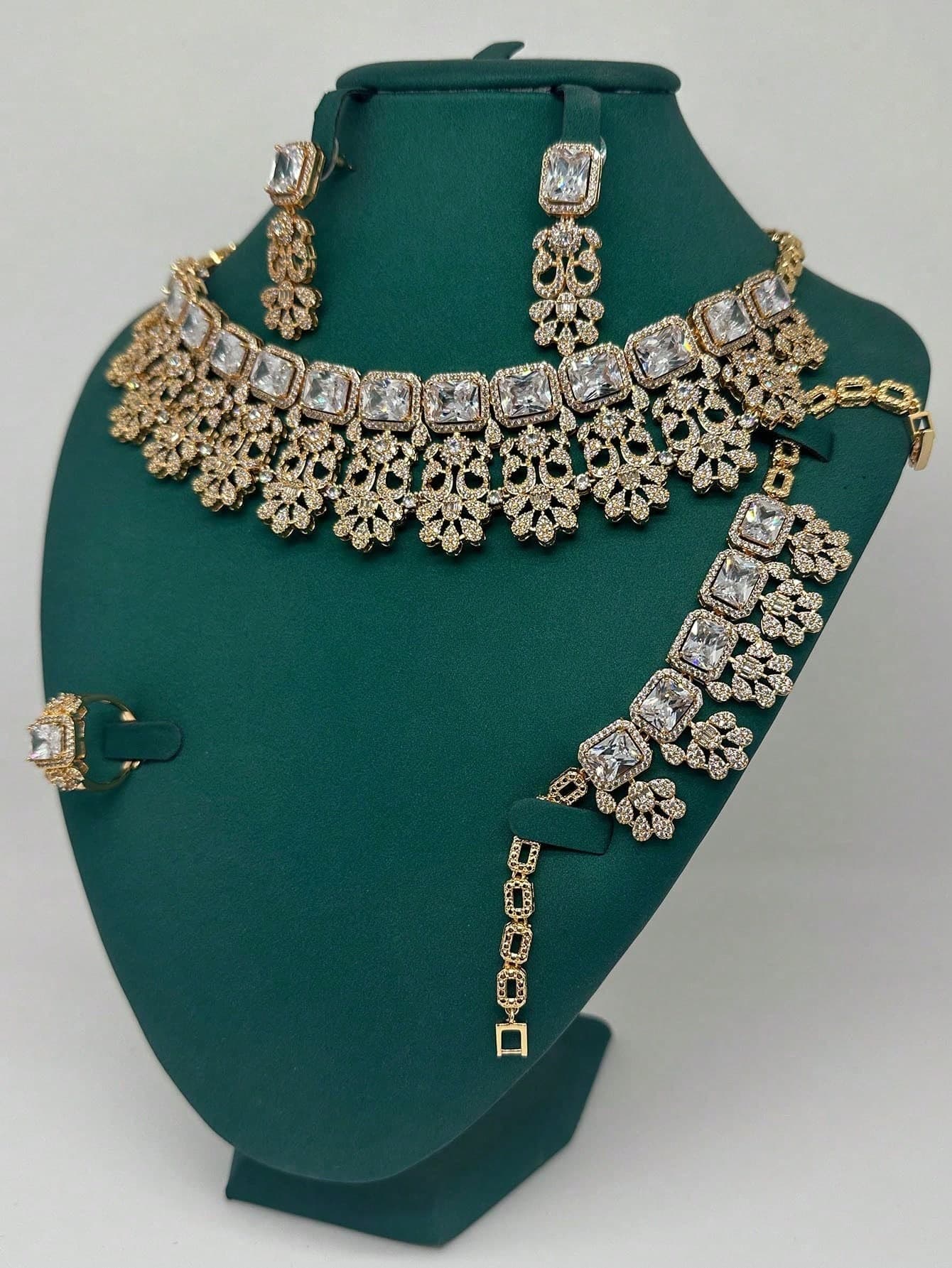 5pcs/Set. Bridal Jewelry Set Luxury Women's Wedding Party White Cubic Zirconia Geometric Design Necklace Earrings Bracelet Ring 4-Piece Set Evening Party Jewelry, Mother's Day Valentine's Day Gift