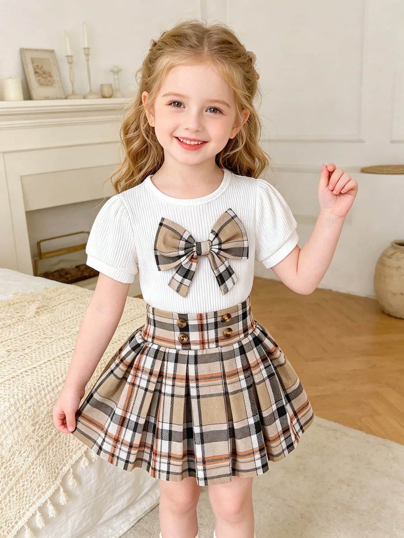 2pcs/Set Girls' Preppy Vacation Style Ribbed Knit Top & Woven Plaid Pleated Skirt, Beige Brown Colorblock, Short Sleeve Round Neck With Plaid Bow, High Waist Double-Breasted Pleated Mini Skirt, Regular Non-Fleece, Suitable For Daily Wear, Holiday Photos, Spring/Summer