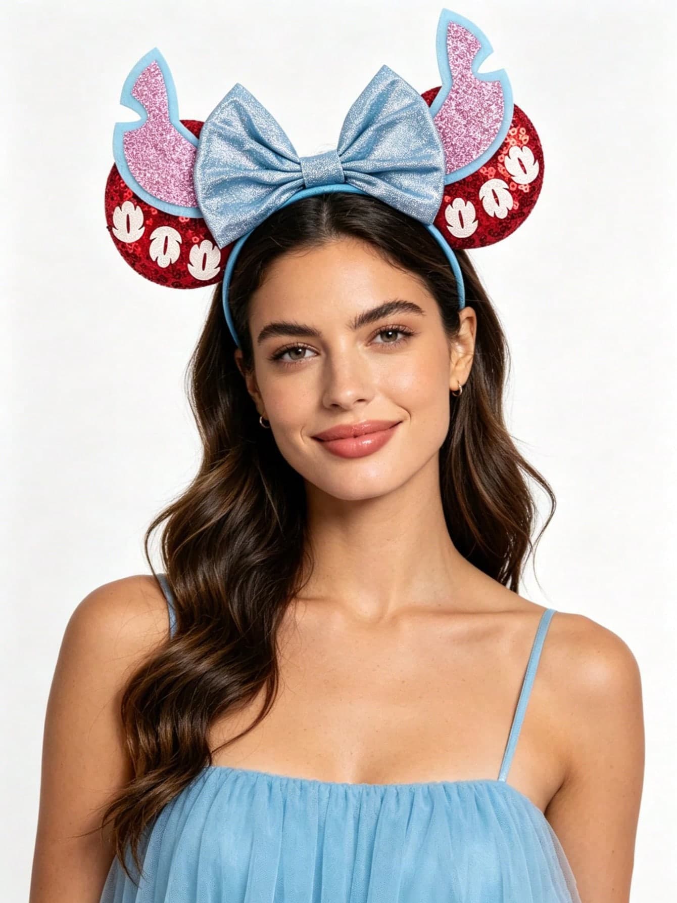 1pc Disney Cute Lilo And Stitch Sequined Mickey Ear Headband, Cartoon Bow Hair Hoop For Disney Park Cosplay Party