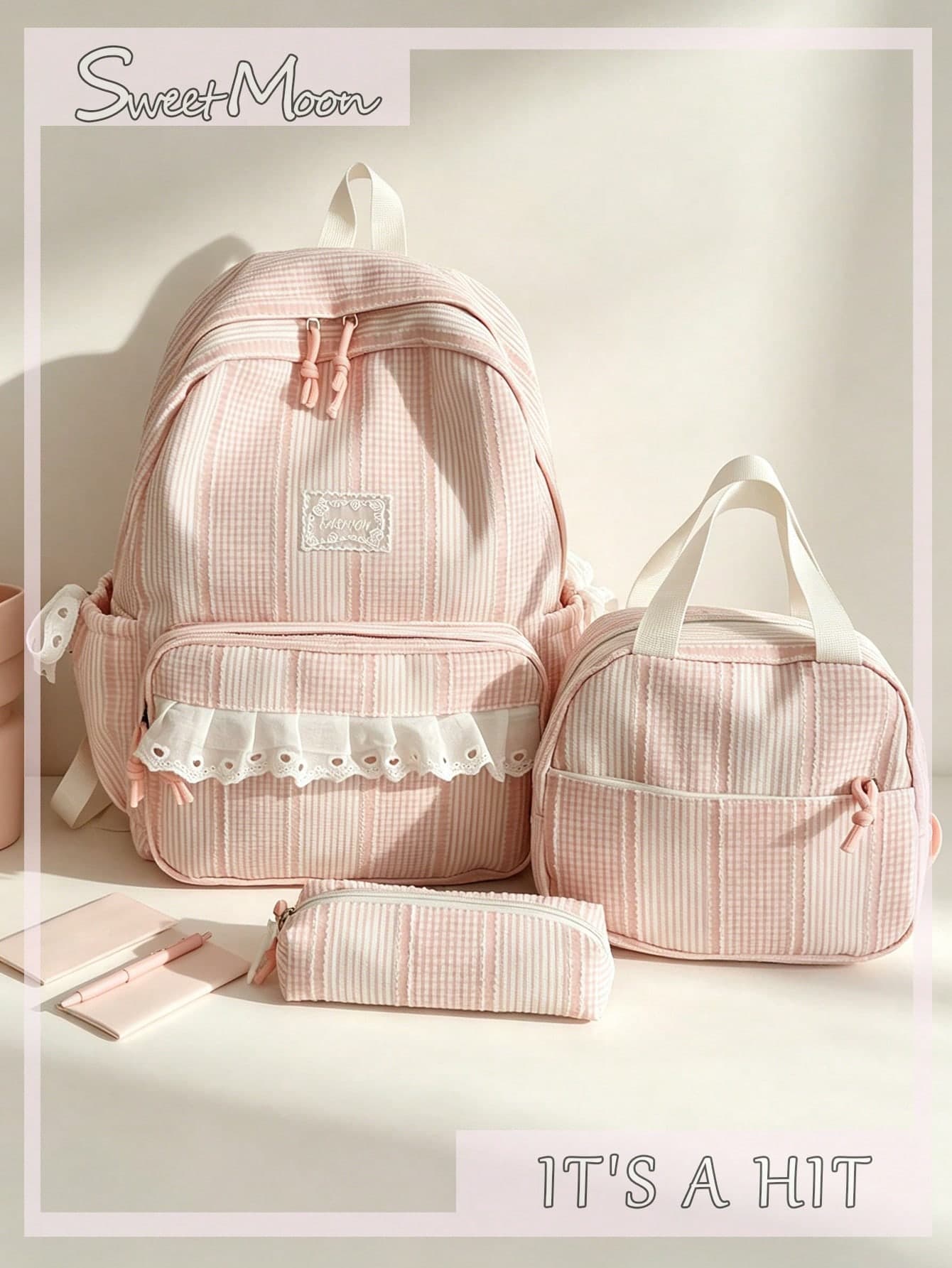3pcs Pink Nylon Casual Minimalist Striped Pattern Full Print Letter Patchwork Ruffle Quilted Drawstring Bow Comfortable Shoulder Strap Zipper Closure Large Capacity Foldable Handbag With Pencil Case Backpack Set (Without Pendant), Suitable For Spring/Summer Hot-Selling Style, Ideal For Students, Campus, Commuting, Outdoor Travel, Holiday Gift, Can Hold Books, Pencil Case, Makeup Bag, Makeup Box, Suitable For Home, Gifting, Vacation