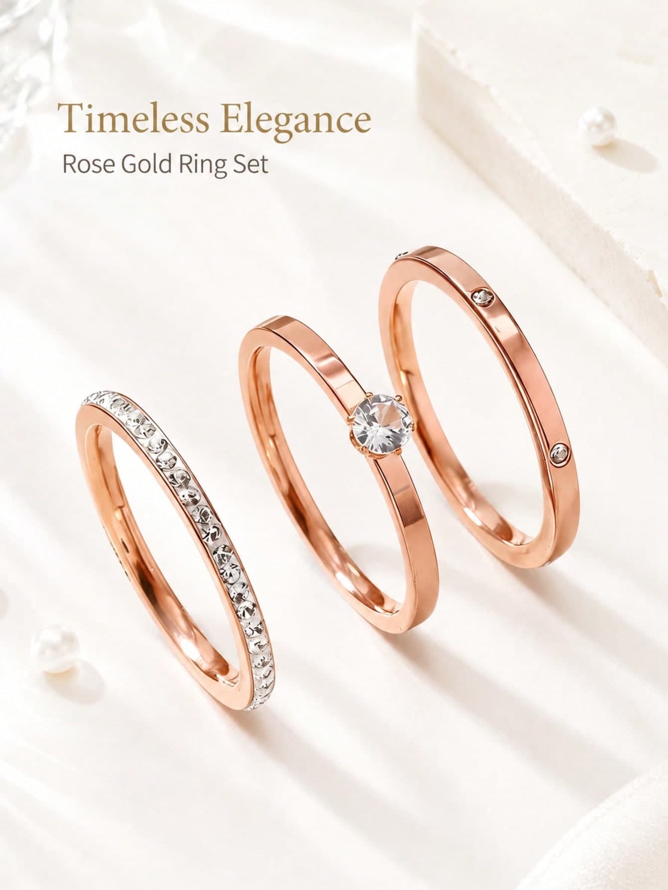 3pcs Stainless Steel Zirconia Inlaid Ring Set, Elegant And Exquisite Style. 4mm Polished Round Arc Ring. Couple Stainless Steel Plain Ring. Women's Accessory. Western Style Women's Jewelry. Available In Gold, Silver And Other Colors. Suitable For Men And Women, Daily Wear