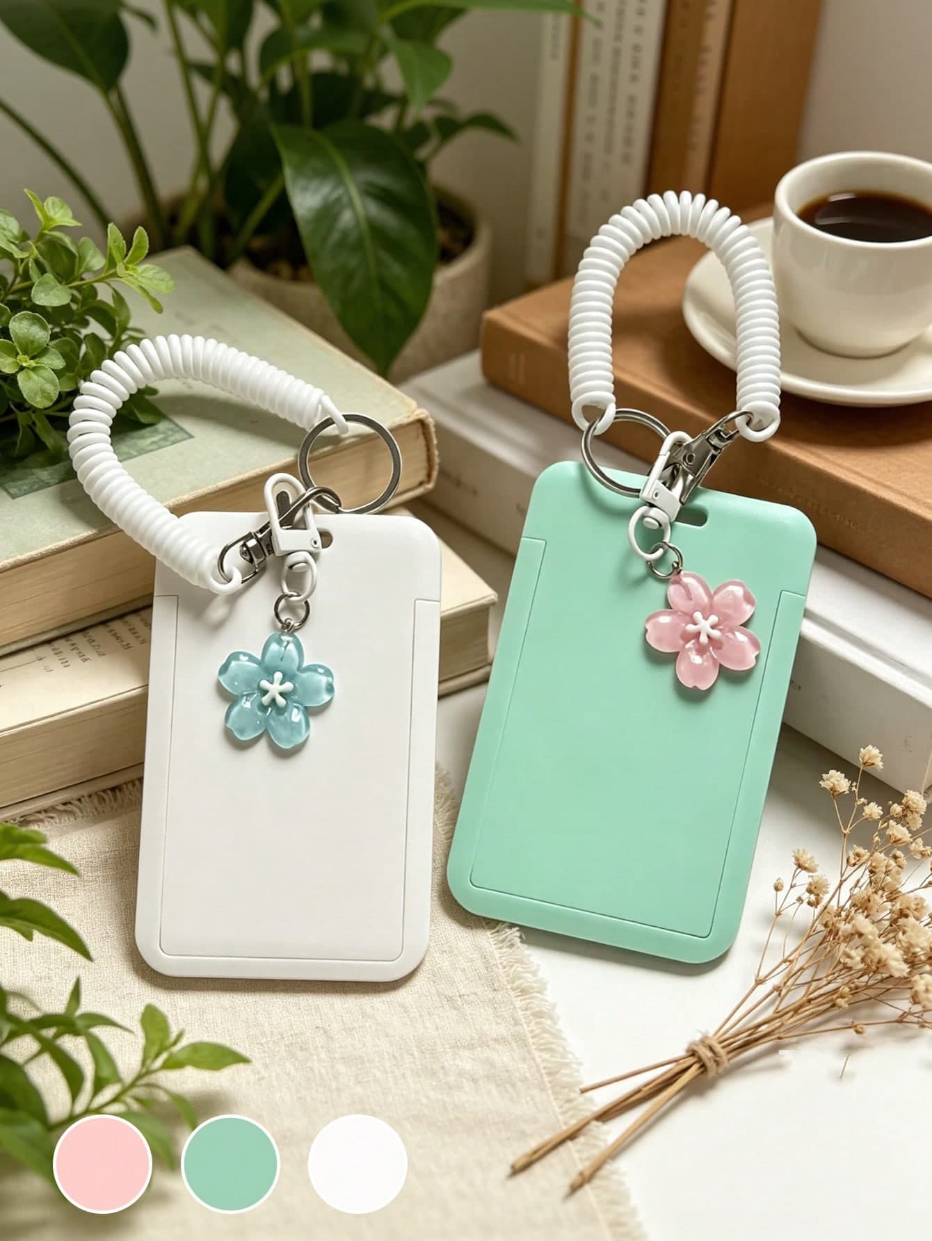 Solid Color ABS Plastic Card Holder With Sliding Cover Design And Flower Pendant, Jelly Cherry Blossom Design, Fashionable Women's Accessory, Personalized Card Holder, Cute Women's Bag Charm Keychain, Cute And Practical Plastic Design Keychain, Campus Essential, Fashionable Keychain, Suitable For ID Card, Credit Card, Bus Pass And Keys, Back To School