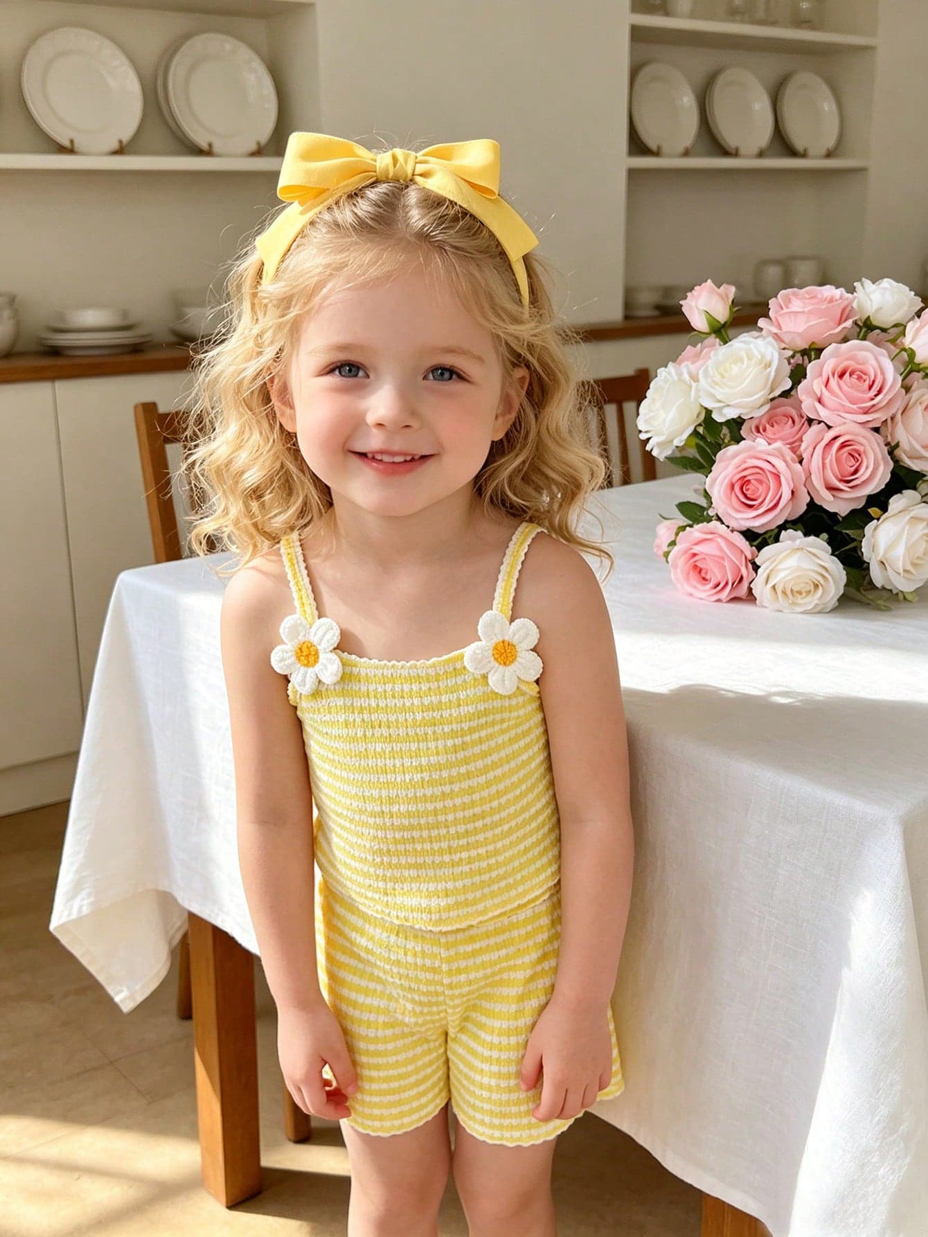 2pcs/Set Girls Summer Outfit, 4-7 Years Old, Yellow & White Striped Sleeveless Top With Cute 3D Floral Decor, Elastic Waist Ruffle Hem Shorts, Comfortable & Fashionable, Suitable For Spring/Summer, Can Be Gift