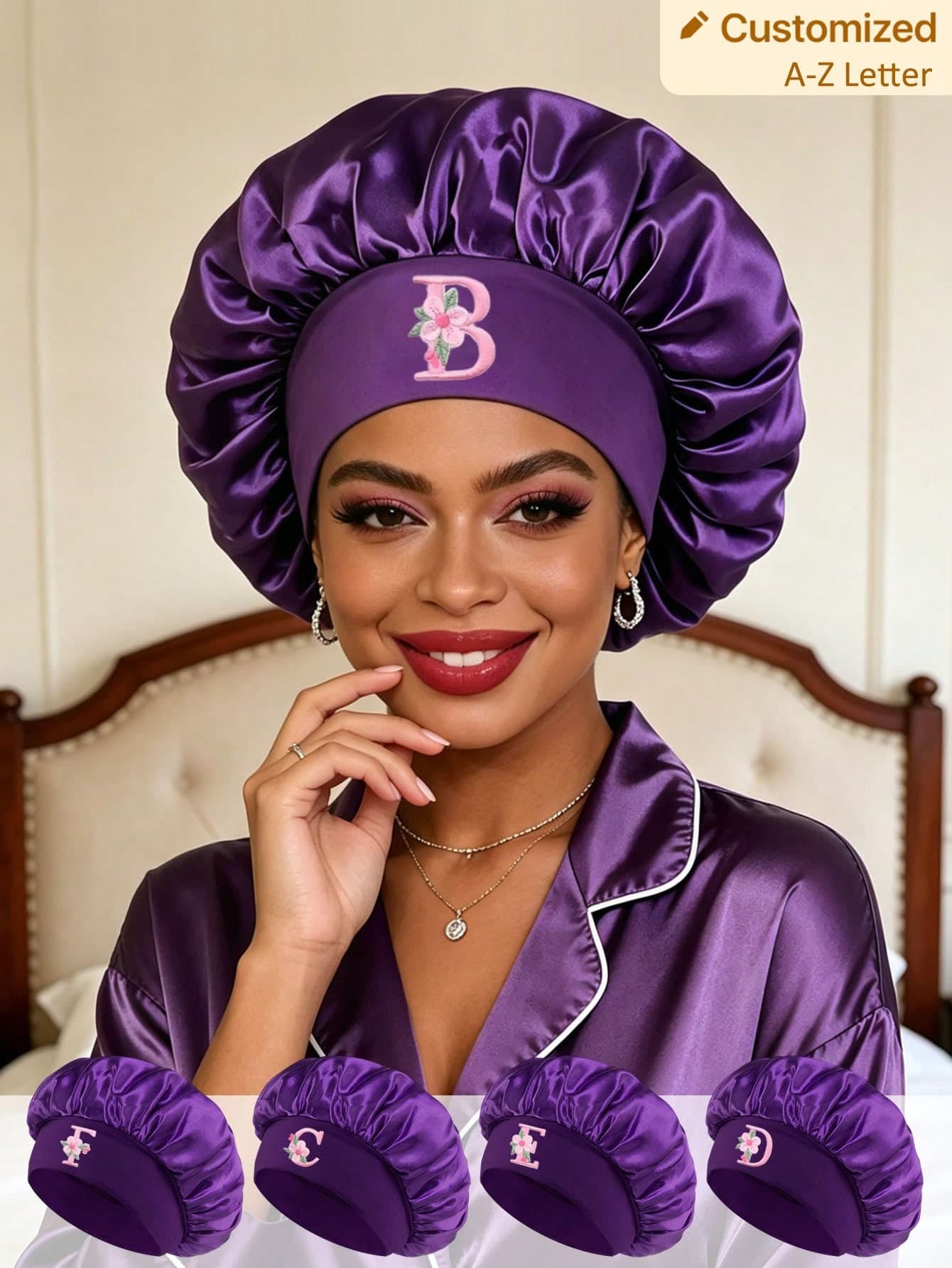 1pc Purple Satin Sleep Cap, A-Z Letter Print Sleep Cap, Customizable, Loose Elastic Satin Sleep Cap, Suitable For Hair Care, Travel, Hair Products, Hair Tools, Hair Accessories, Hairstylists And Hair Supplies
