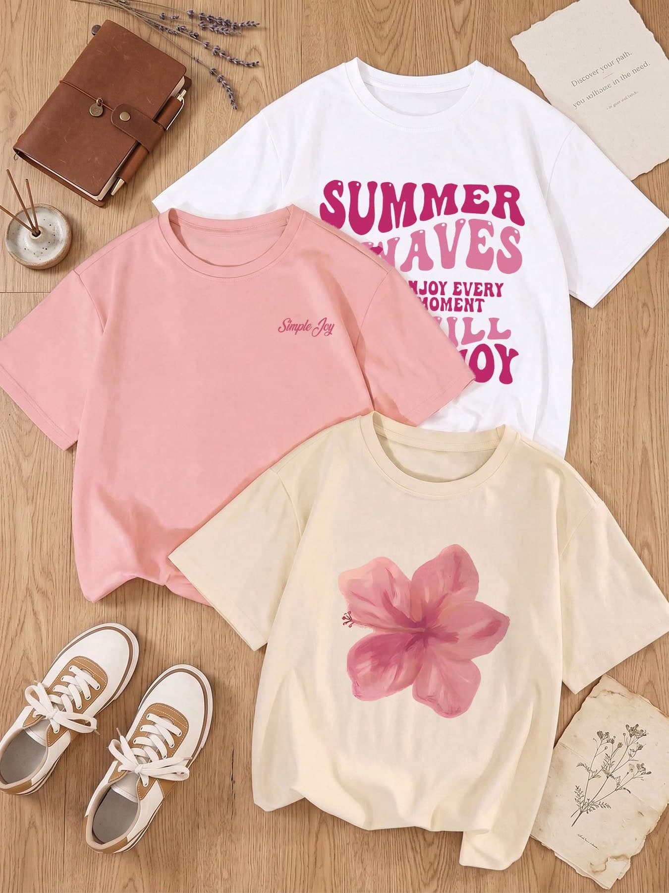 Es Trus Plus Summer Women's "Flower Letter" Pattern Printed Street Y2k Clothing Top Round Neck Plus Size White+Pink+Apricot Short Sleeve Casual