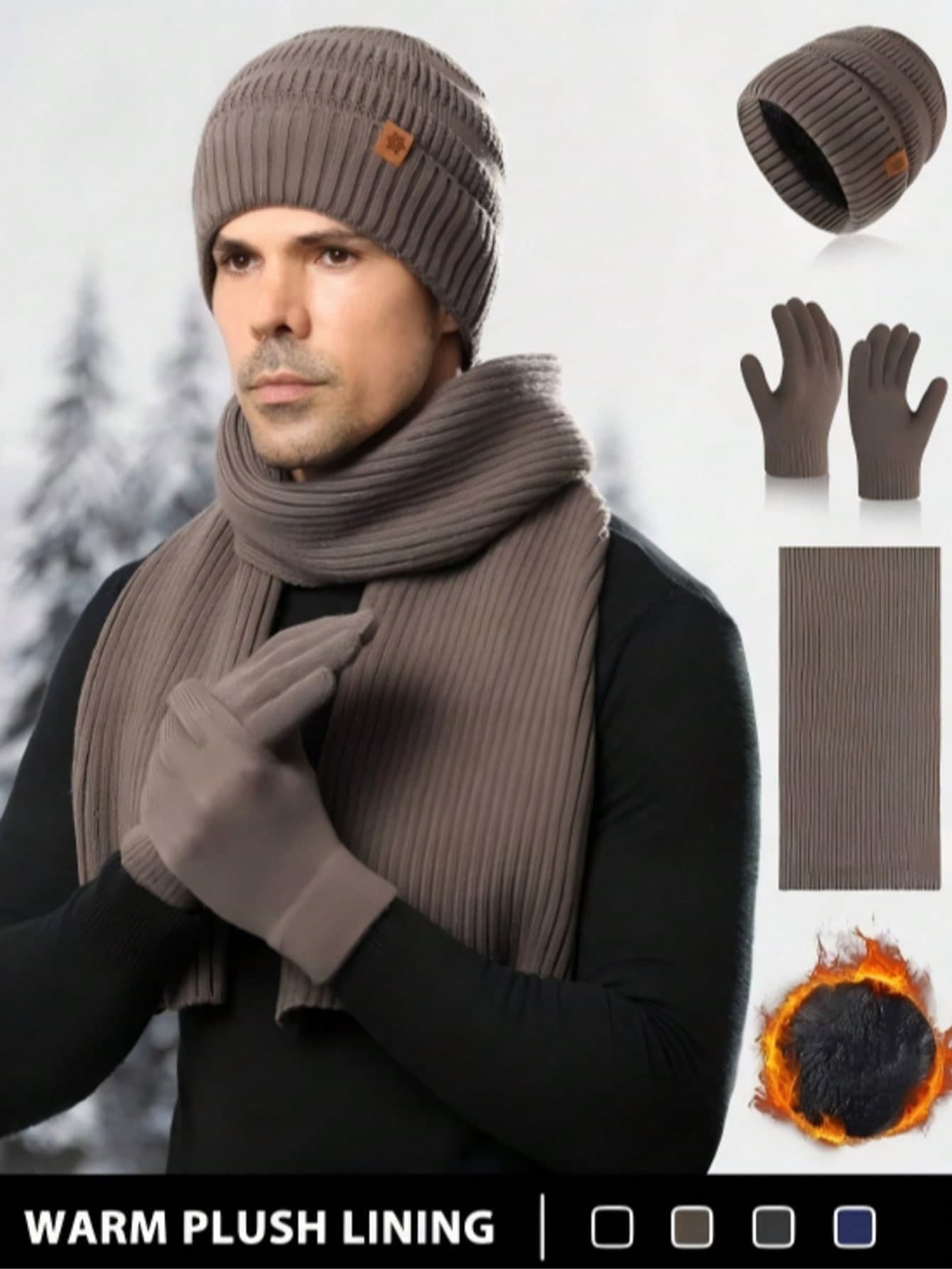 1-3pcs/Set Men's Winter Knitted Beanie, Long Scarf, Touchscreen Gloves Set, Double Layer Thermal Lined Thick Hat, Textured Pattern Lining, Horizontal Stripes