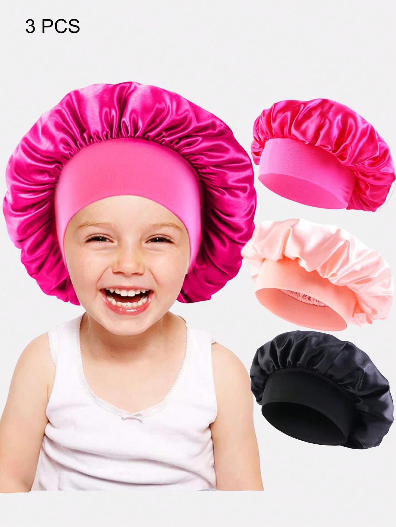 3pcs Children's Elastic Wide Brim Satin Round Sleep Cap Hair Bonnet Suitable For Daily Use