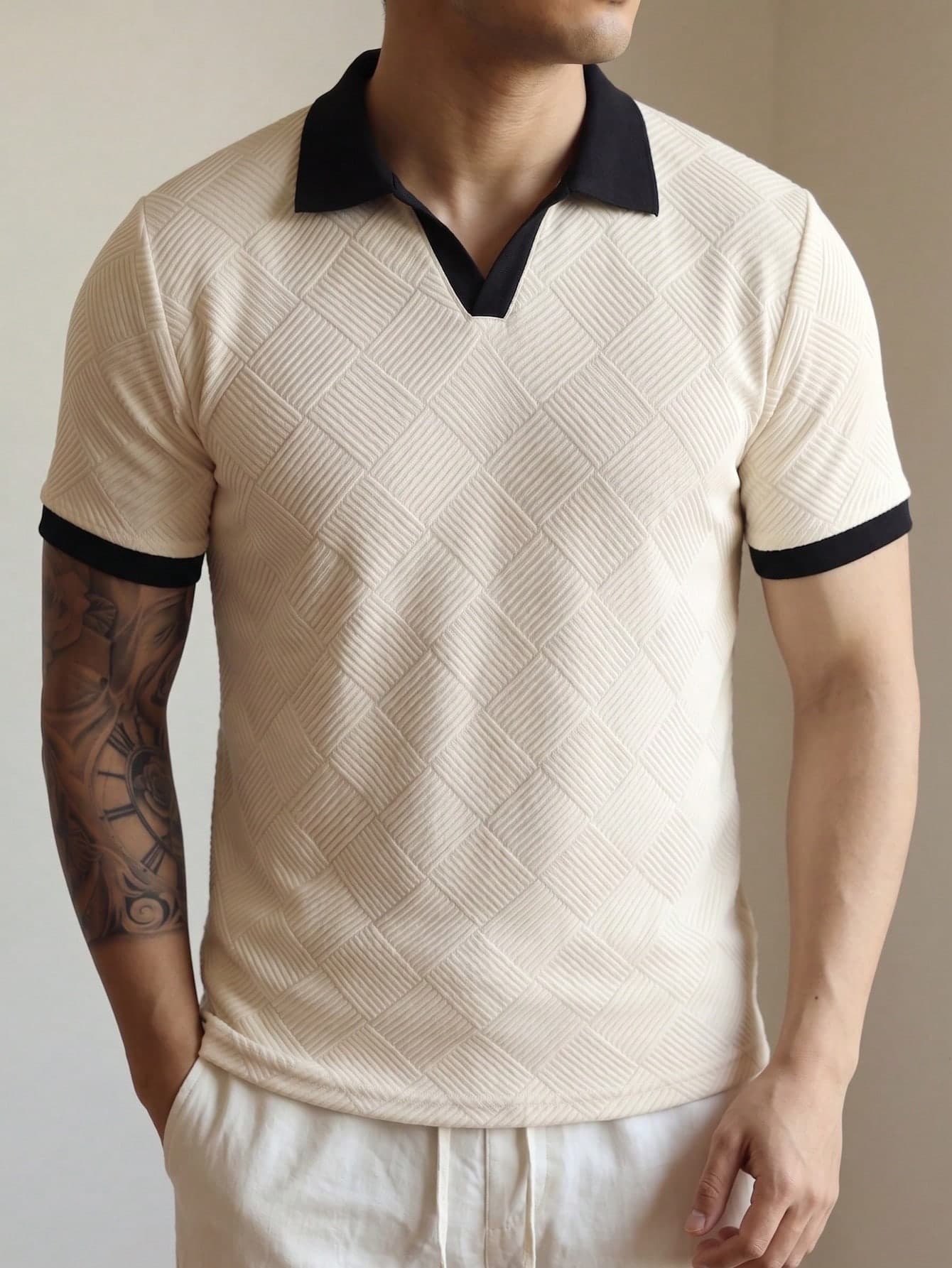 Premium 3D Embossed Diamond Pattern Contrast Color Polo Shirt For Men, Mature Style Commuter Versatile Short Sleeve Airplane Collar T-Shirt Shirt Top