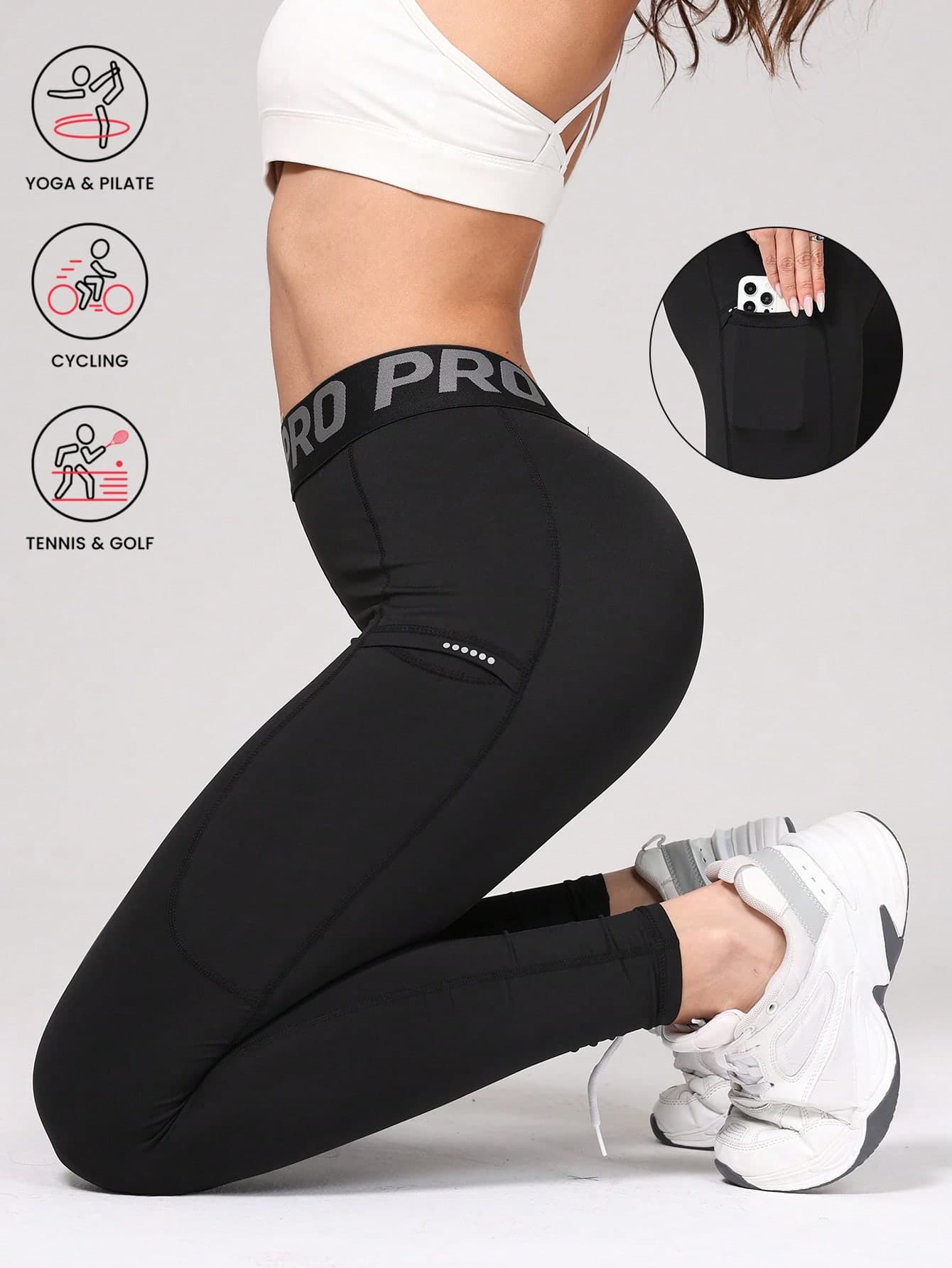 New Arrival Letter Waist Yoga Pants, Women'S Butt Lifting High Waisted Workout Leggings With Pockets, Black Side Pockets Design, Suitable For Outdoor Leisure, Fitness, Daily Wear Tights Spring Sports