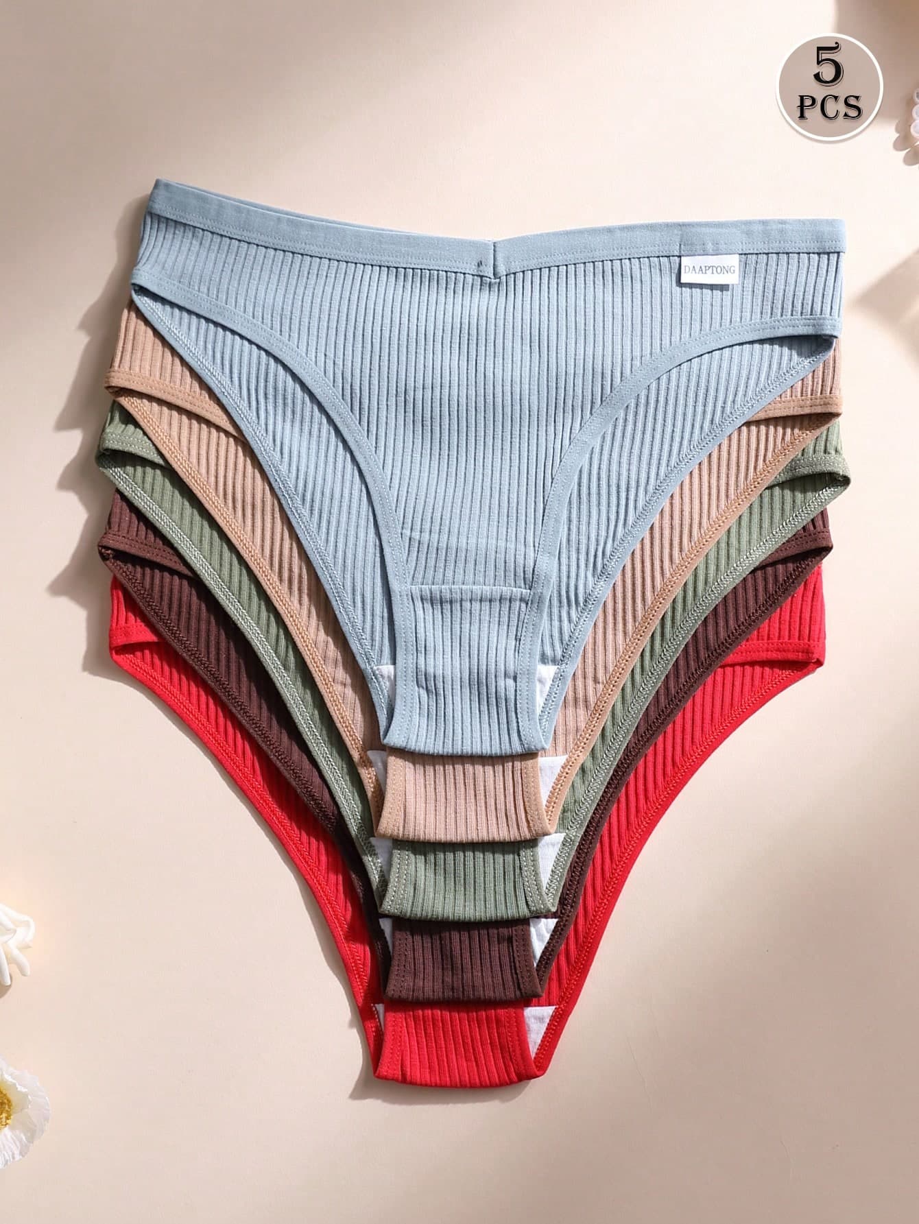 5pcs Women's Sexy V-Waist Seamless Cotton Striped & Solid Color Breathable Underwear