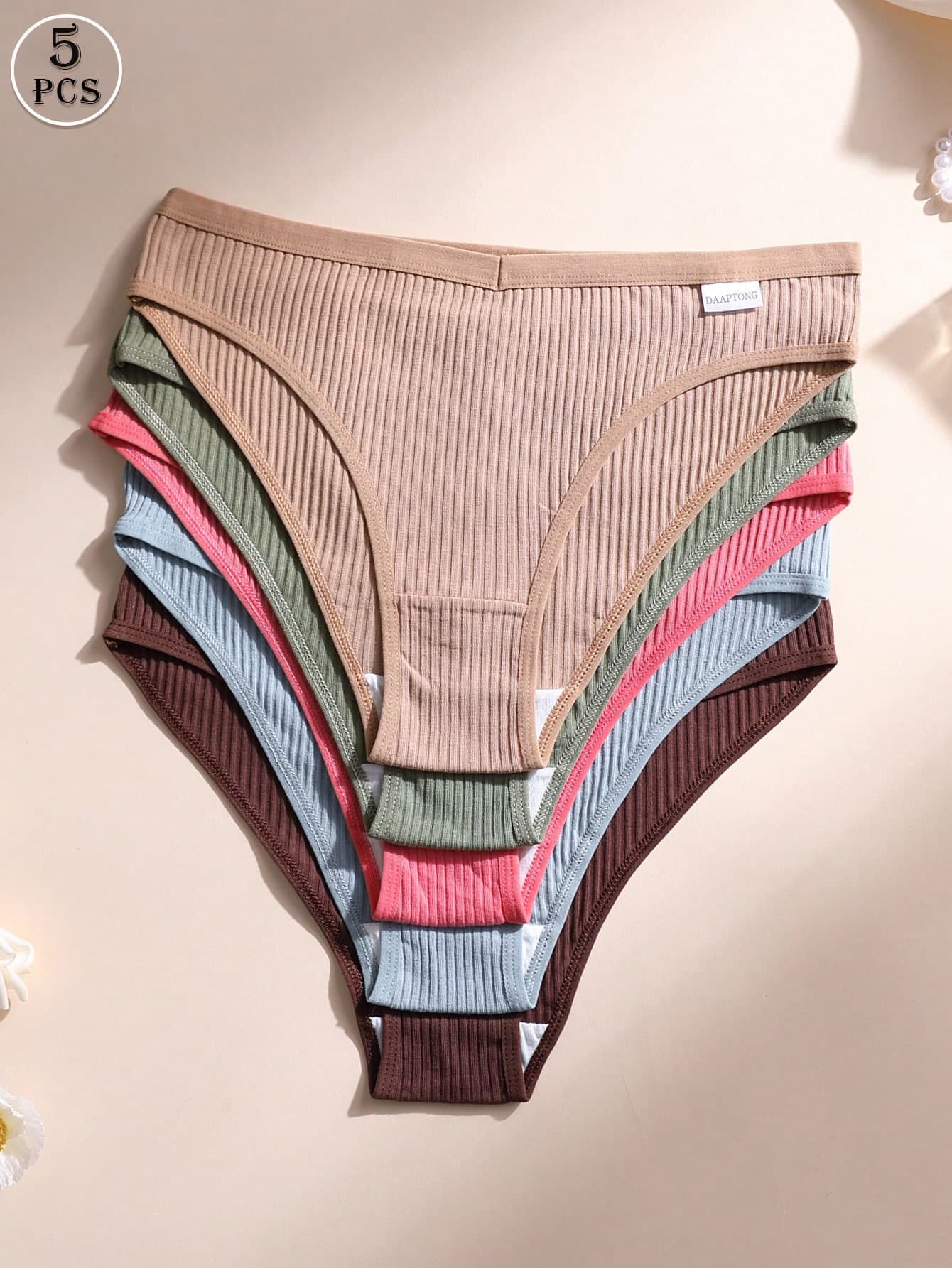 5pcs/Pack Women's Sexy Seamless V-Waist Triangle Panties, Ribbed Cotton Solid Color Breathable Underwear