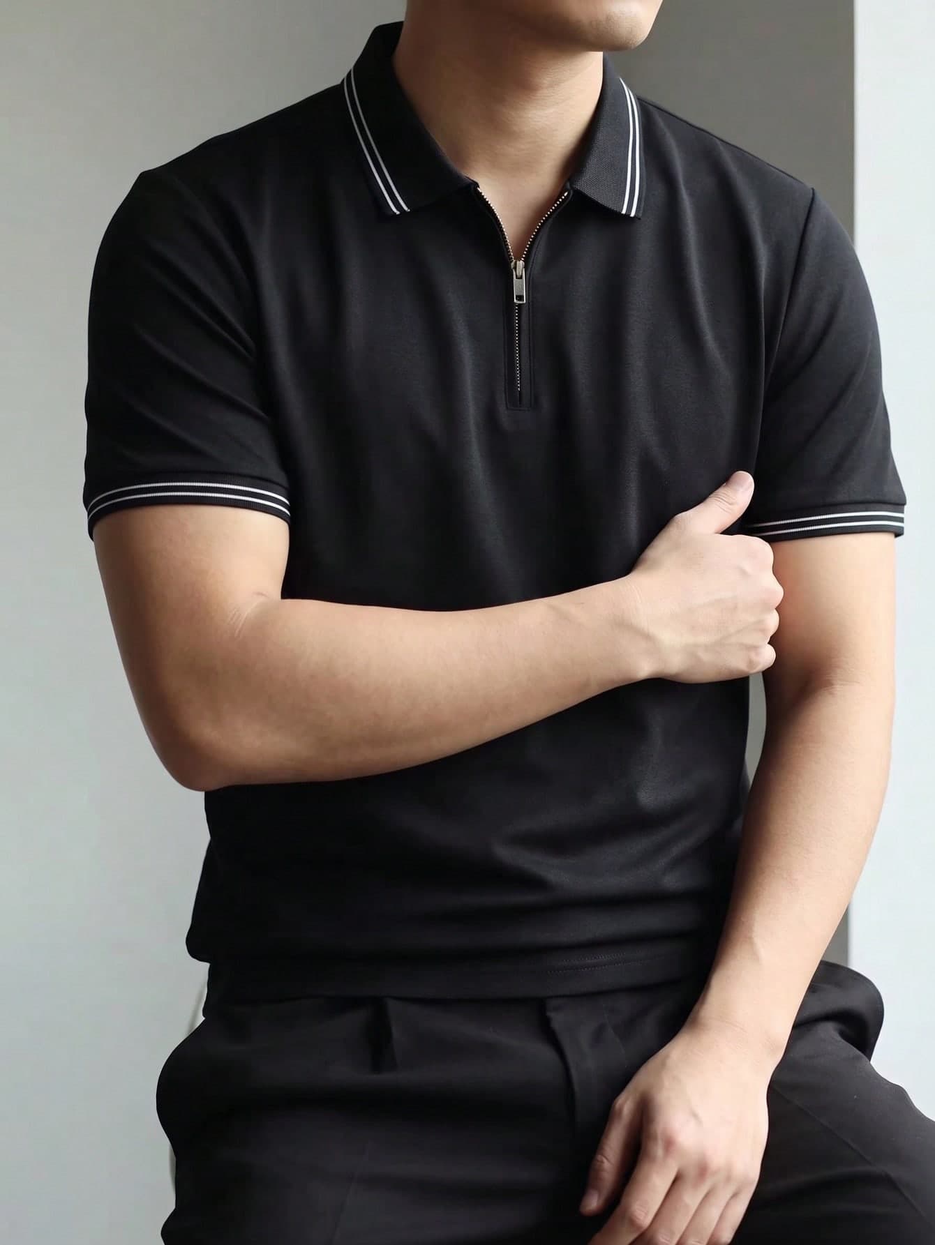 Men's Black Half-Zip Polo Shirt With Contrast White Pinstripe Collar And Cuffs, Business Casual Short Sleeve Shirt T-Shirt Top, Summer