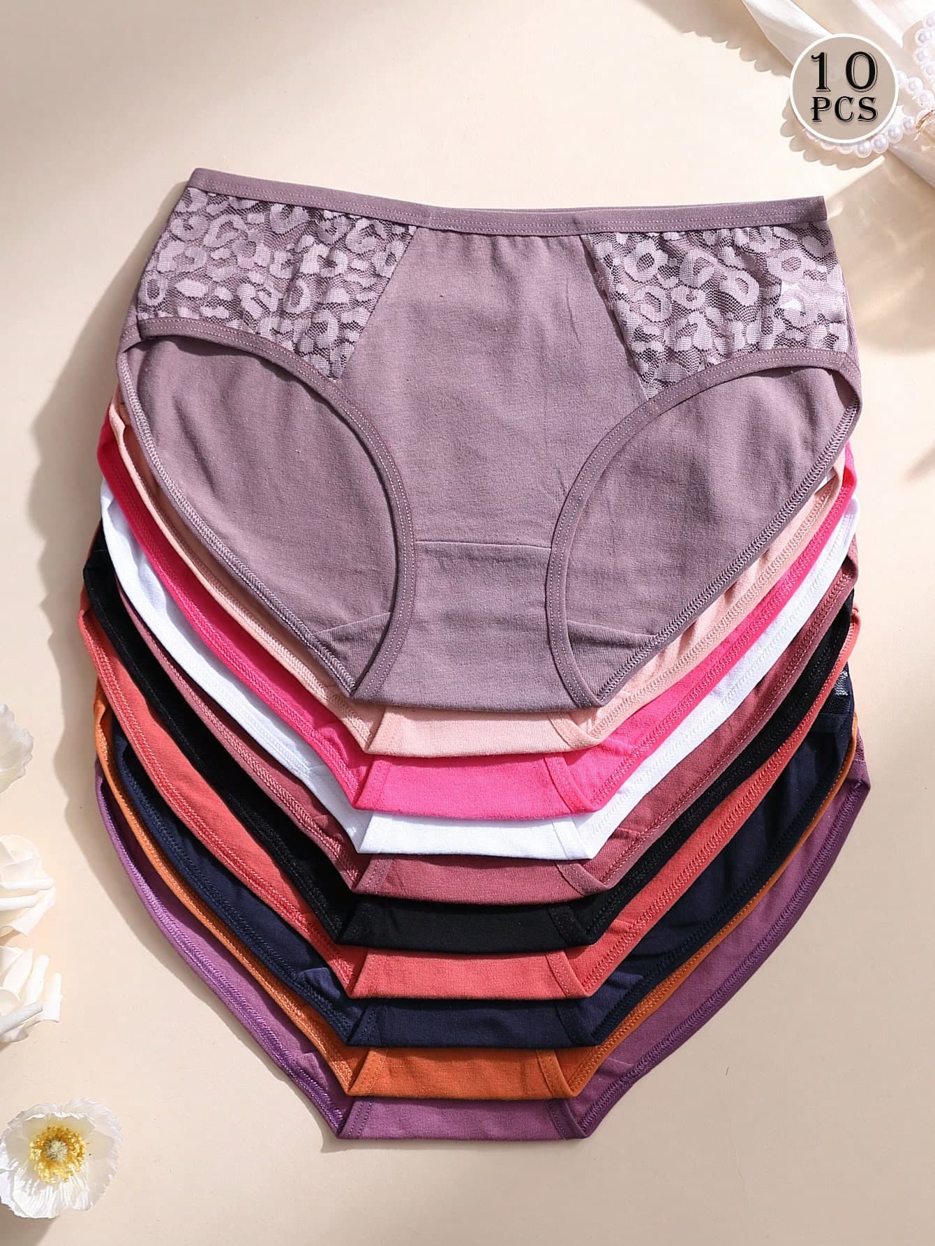 10pcs Women's Cotton Lace Patchwork Sexy Seamless Breathable Underwear, Solid Color Sports Panties