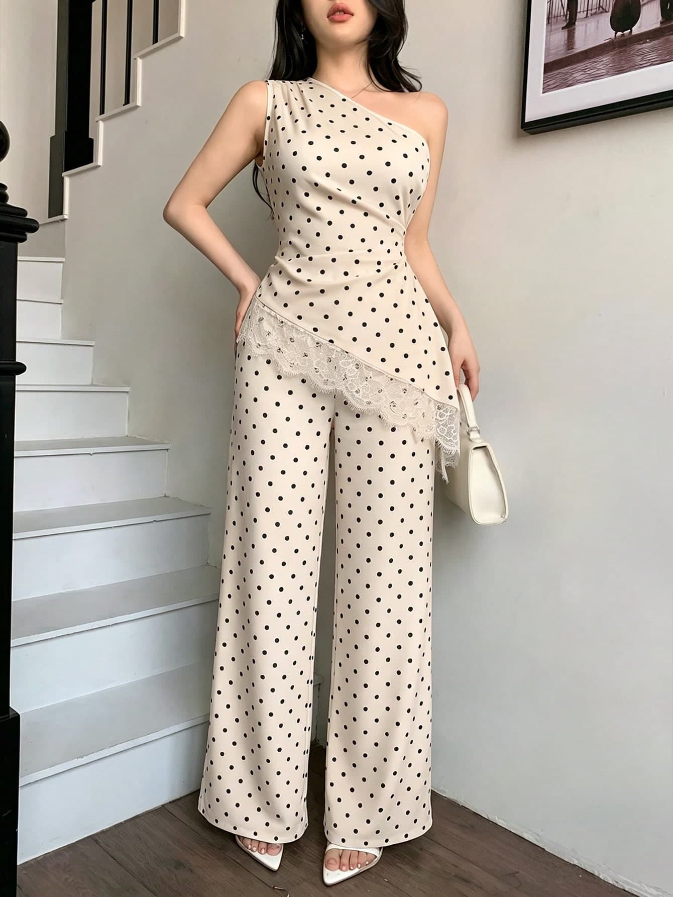 abyoxi Women's Pea Green Sleeveless Ruched Waist Lace Patchwork Asymmetric Hem Top With Wide Leg Pants 2-Piece Set, Sexy & Elegant, Suitable For Work Commute