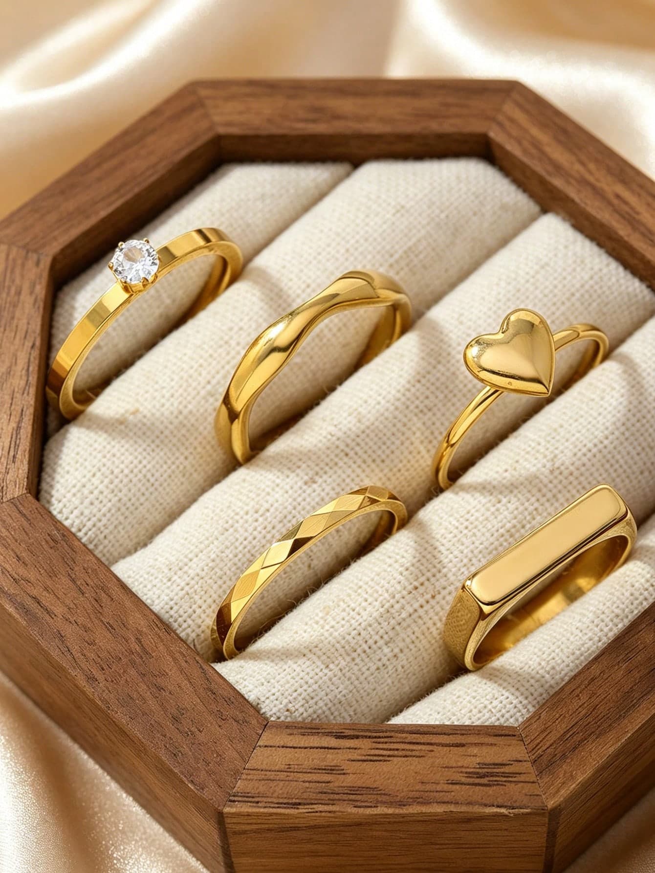 5pcs Elegant Stainless Steel Heart & Rhombus Zirconia Women's Ring Set, Suitable For Daily Wear, Dating, Confession, Holiday, Party Accessories