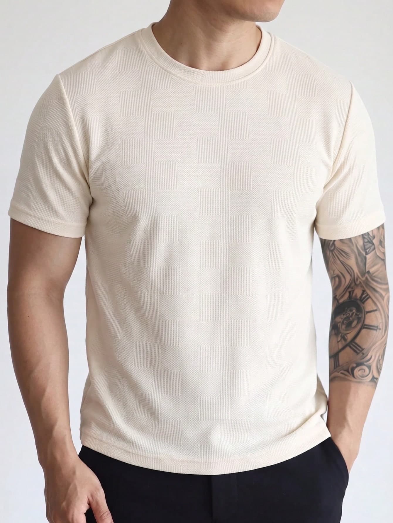 Men's Summer Jacquard Slim Fit Crew Neck Short Sleeve T-Shirt