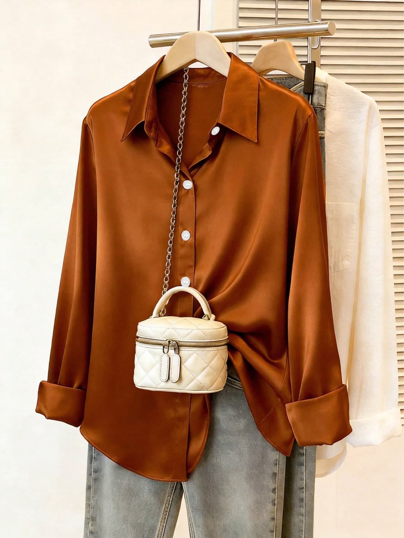 Plus Size Women's Fashion New Arrival Casual Satin Button-Up Shirt Spring Brown