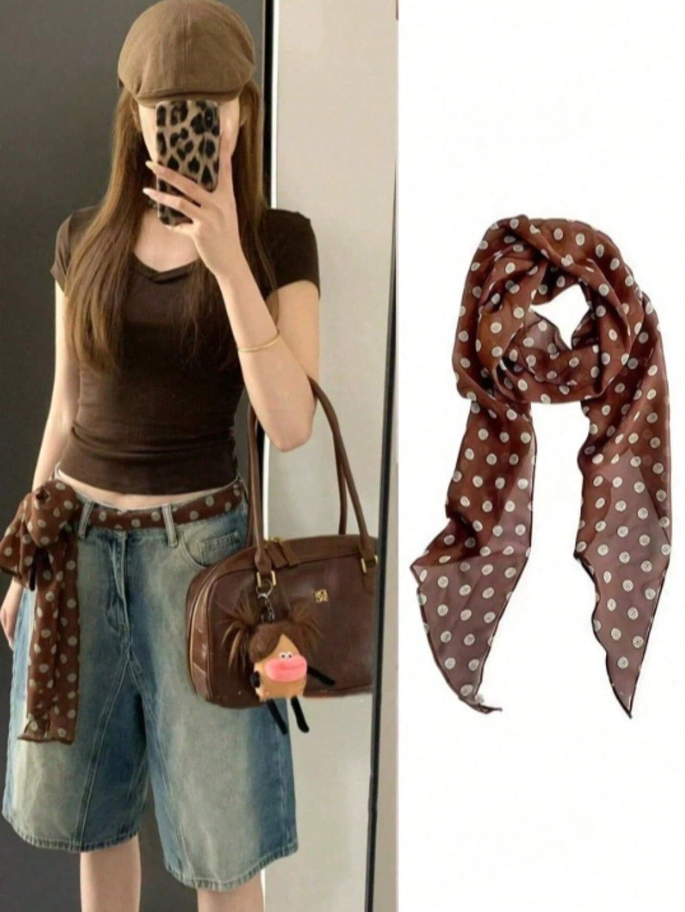 1pc Brown Polka Dot Print Silk Scarf, Multi-Functional Silk Tie, Women's 2026 New Fashion Headband, Neck Decoration, Suitable For Daily Outfit Matchin