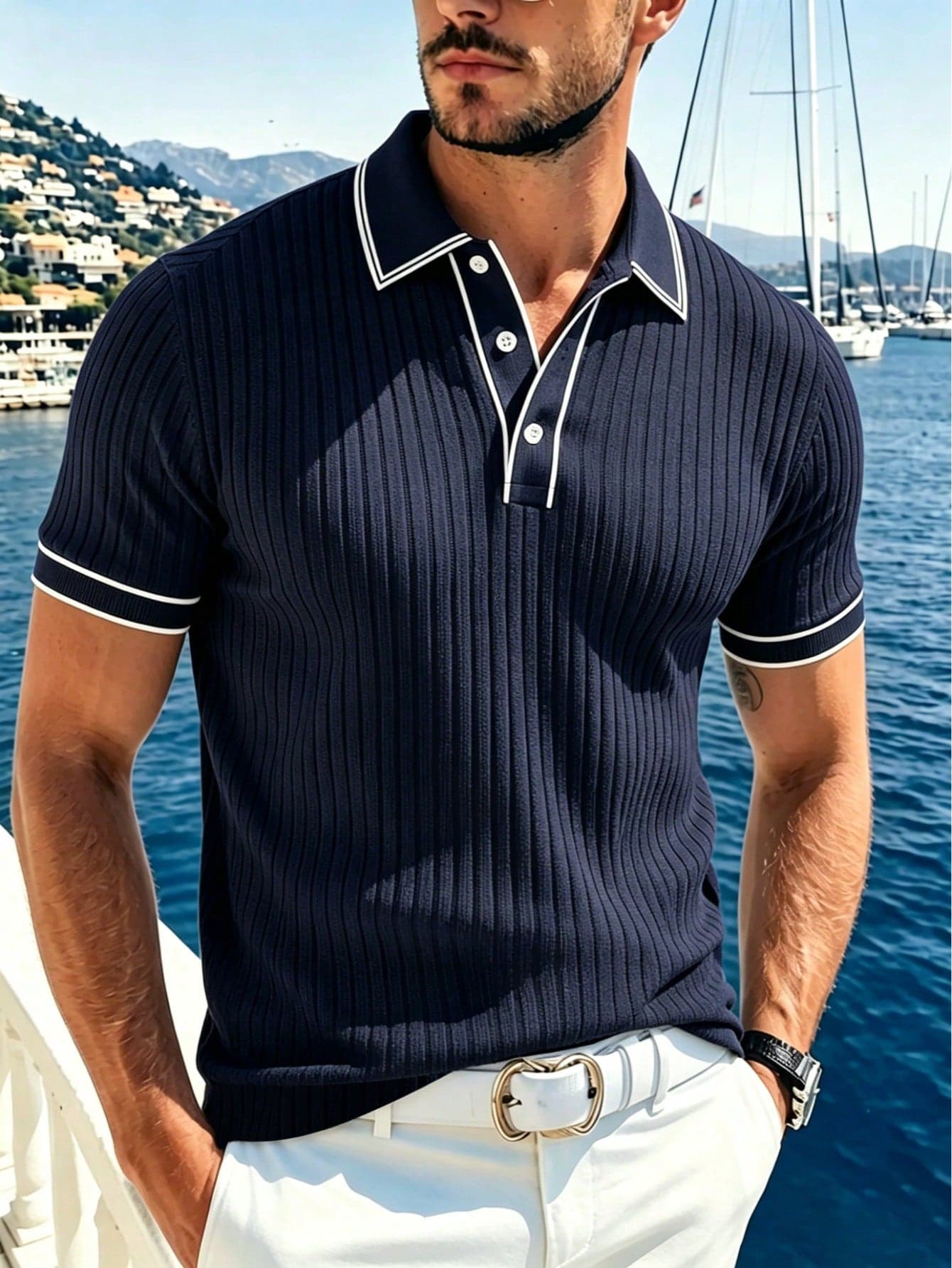 JINYA Men's Summer Casual Ribbed Polo Collar Short Sleeve Polo Shirt, Italian Vintage Old Money Style, Regular Fit, Versatile For Home, Office, Outdoor, City, Vacation, Campus, Sporty, Minimalist, Youthful, Textured, Sophisticated, Personalized