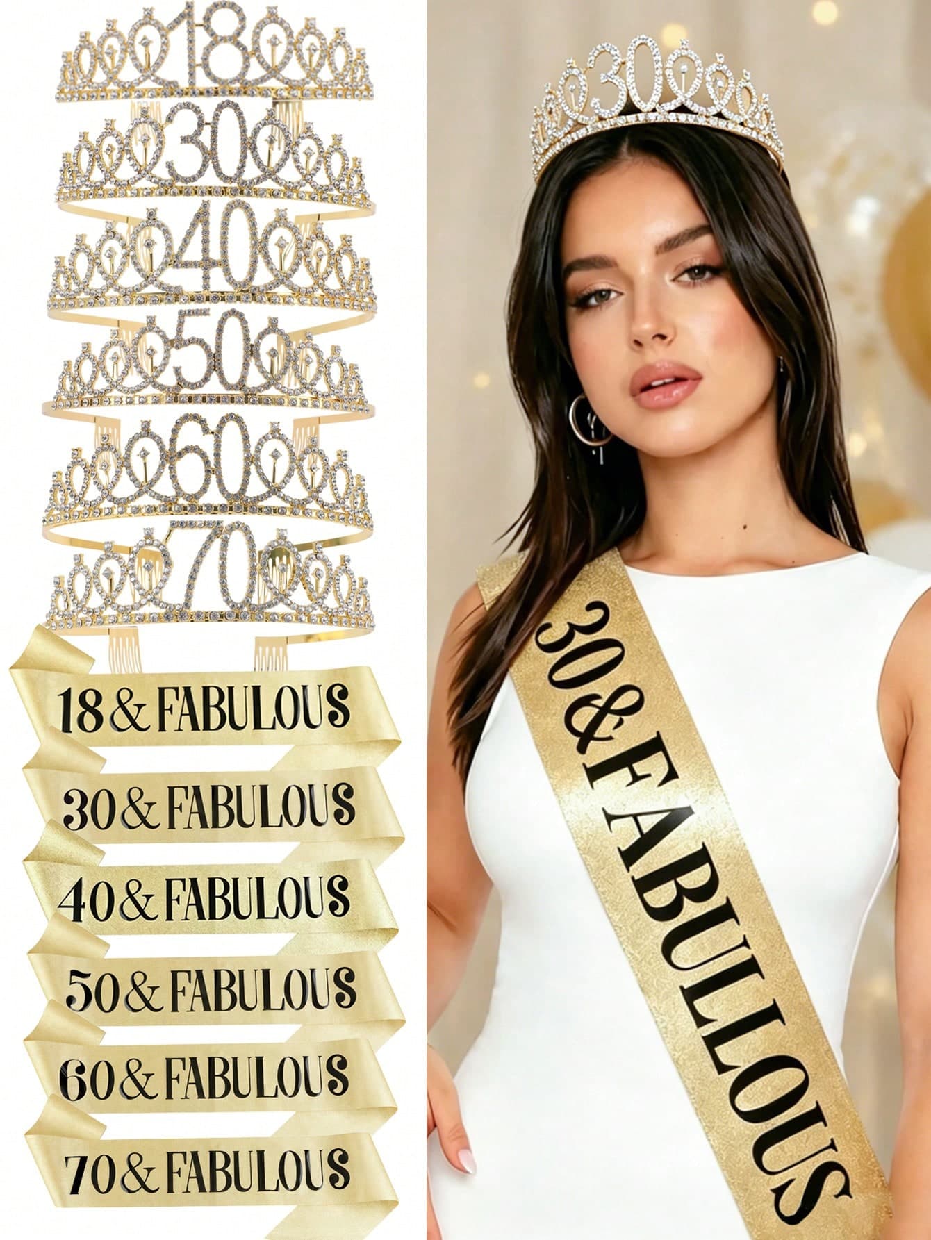 2pcs/Set Golden Years Old 18th30th 40th 50th 60th 70th 1pc Rhinestone Crystal Crown +1pc Shawl Tiara Birthday Anniversary Decoration Happy Birthday Fabulous Satin Sash Party Supplies Hair Band Hairbrush Birthday Queen Women Hairbrush Hair Band