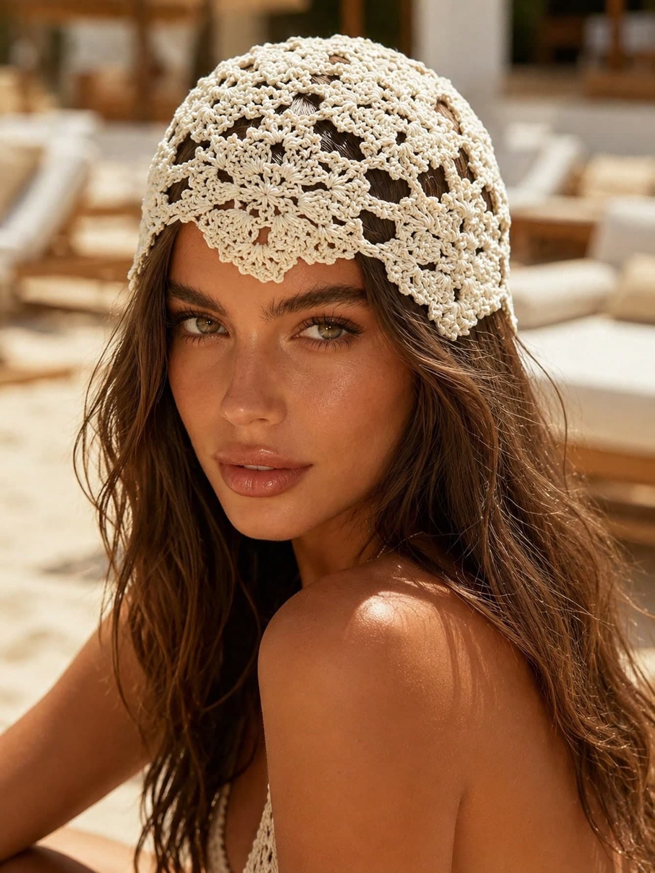 1pc Women's Spring/Autumn Lightweight Hollow Floral Design Handmade Knitted Hat, Suitable For Bohemian Style, Beach And Travel