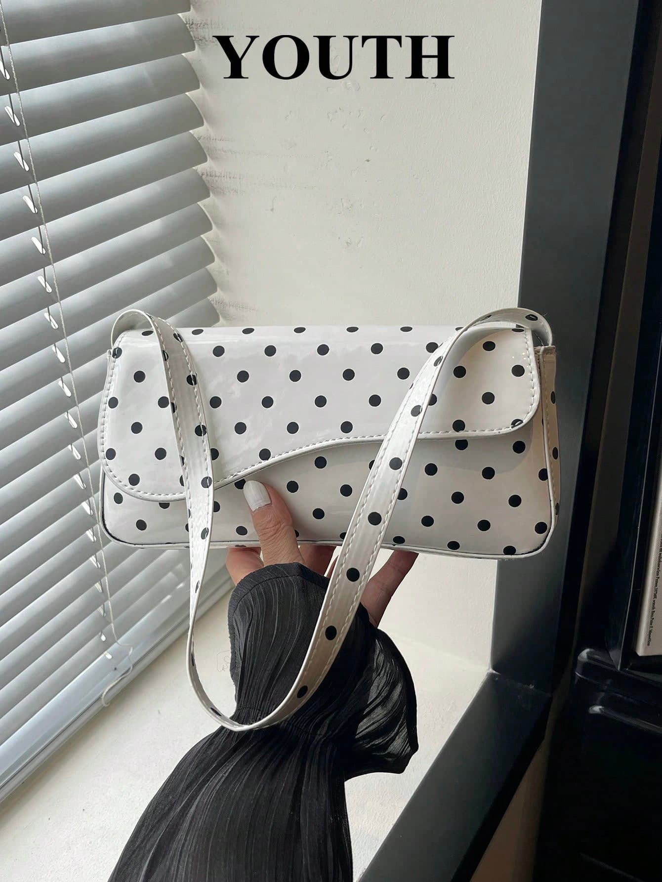 Fashionable Versatile Polka Dot Print Asymmetrical Flap Elegant Women's Shoulder Bag, Suitable For Shopping, Wallet, Shopping, Young Women, College Students, Newcomers, White-Collar Workers. They Are Perfect For Office, University, Work, Business, Commute, Outdoor Activities, Travel And Outings