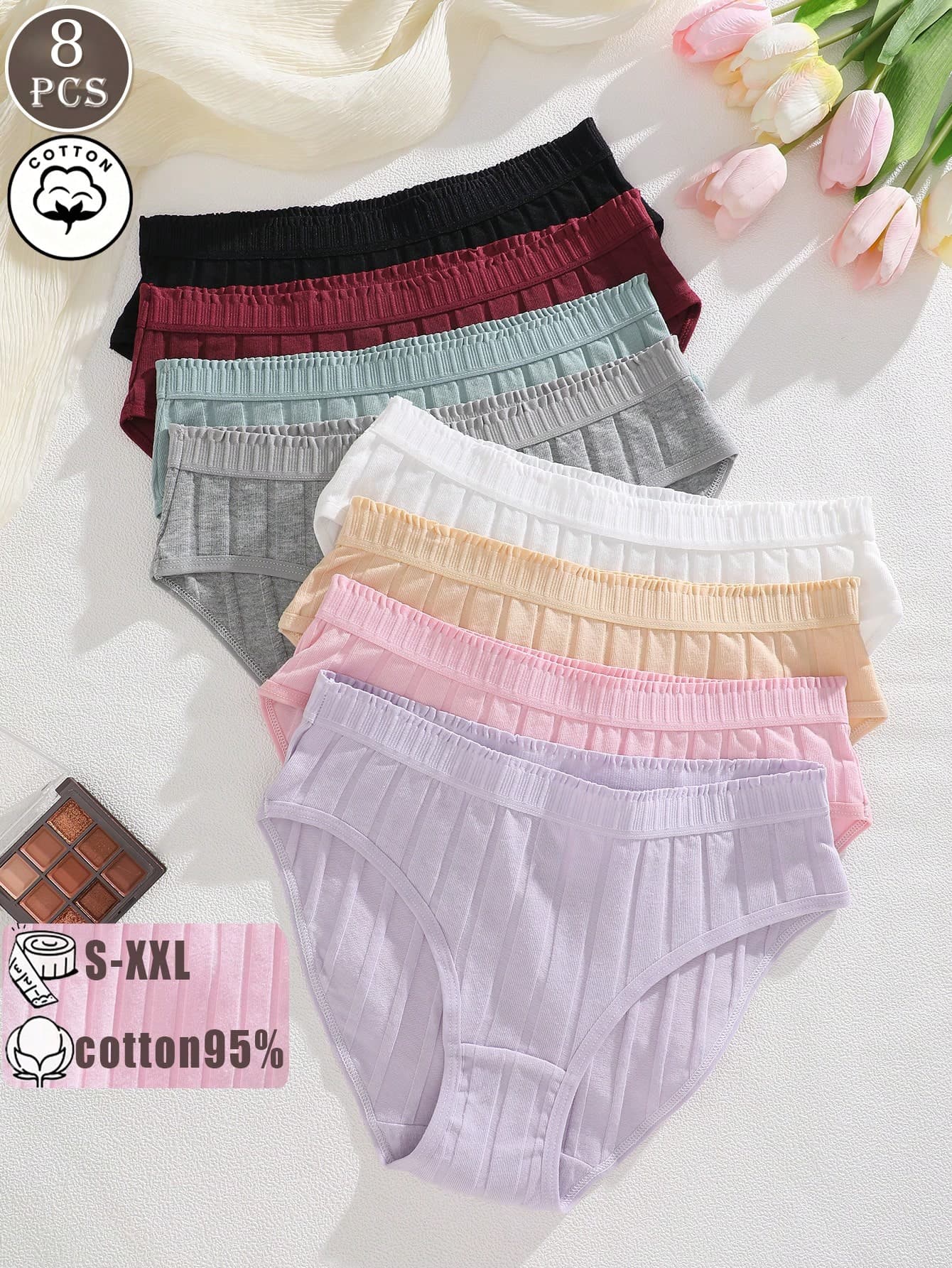 8pcs/Pack Women's Cotton Macaron Color Floral Trim High-Cut Soft Comfortable Breathable Cotton Panties, Plus Size Underwear S-XXL
