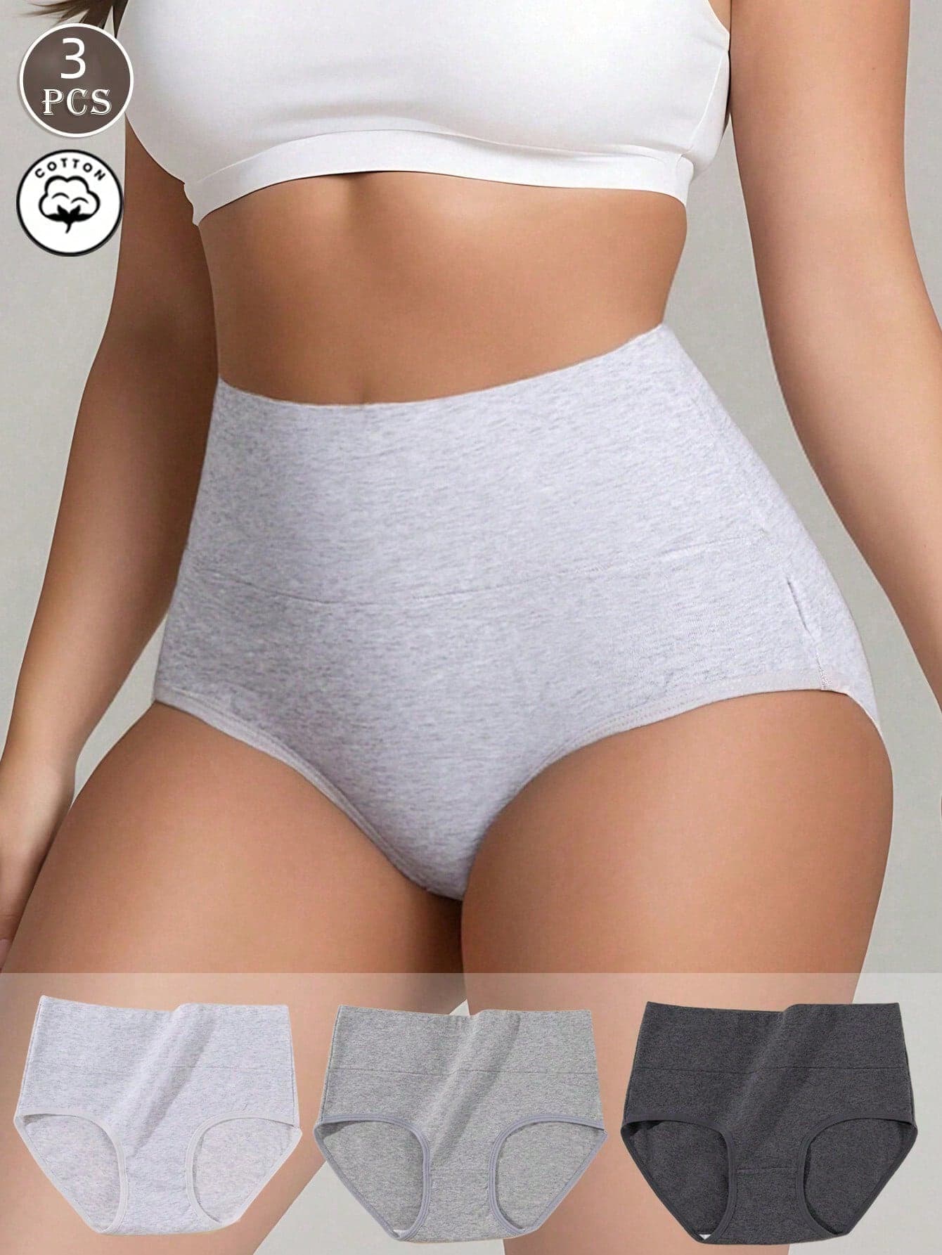 3pcs High Waist Briefs, Comfortable Soft Cotton Fabric, Gray Color, Tummy Control & Butt Lifting