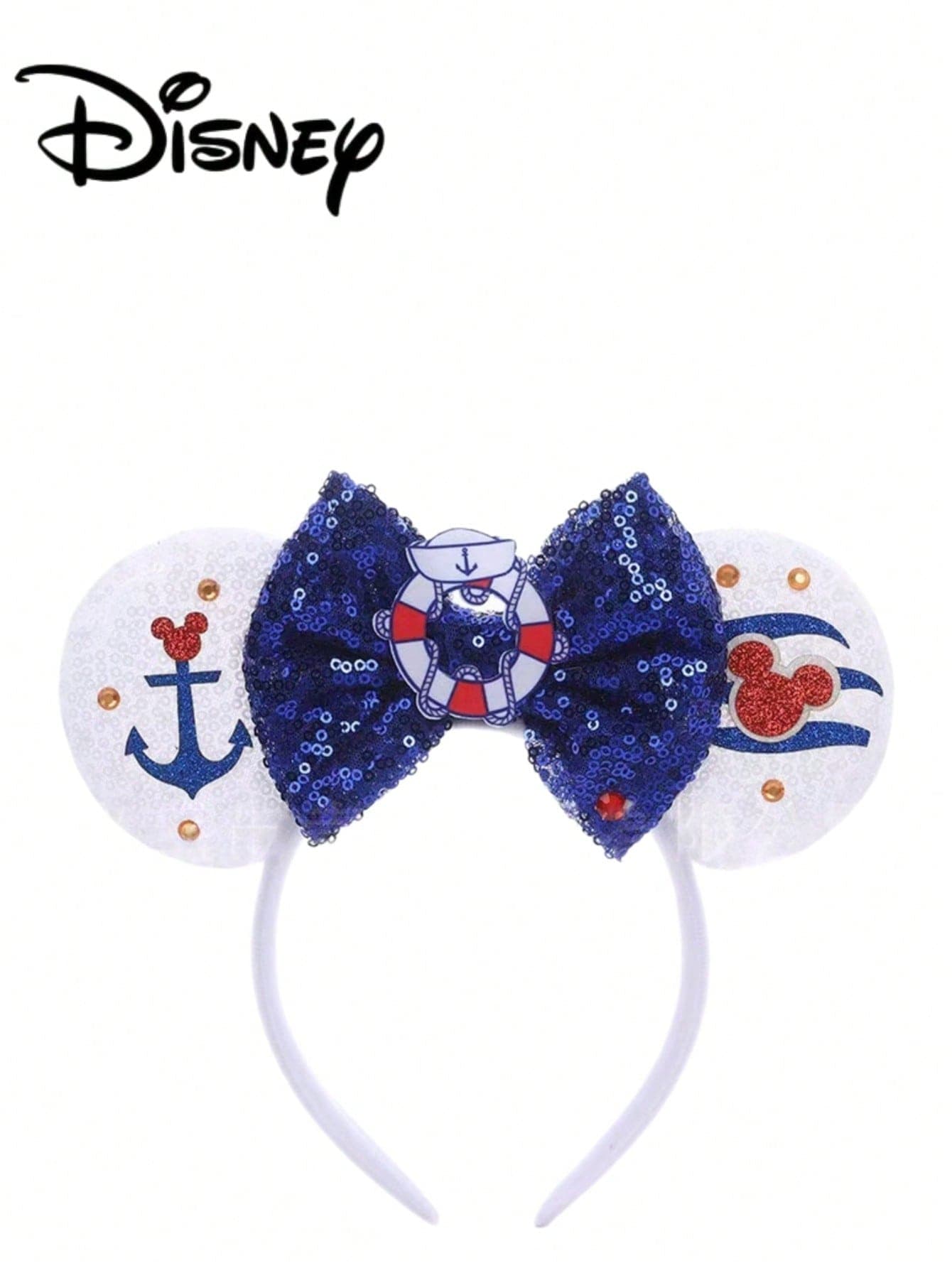 1pc Disney Mickey White + Dark Blue Sequin Headband, Mickey White + Dark Blue Sequin Headband - Holiday Party Headband, Headpiece, Fun Photo Prop, Amusement Park Accessory, Suitable For Birthday Party And Valentine's Day Events, With Bow Cute Cartoon Hair Accessory, Princess Costume Accessory, Suitable For Disney Fans