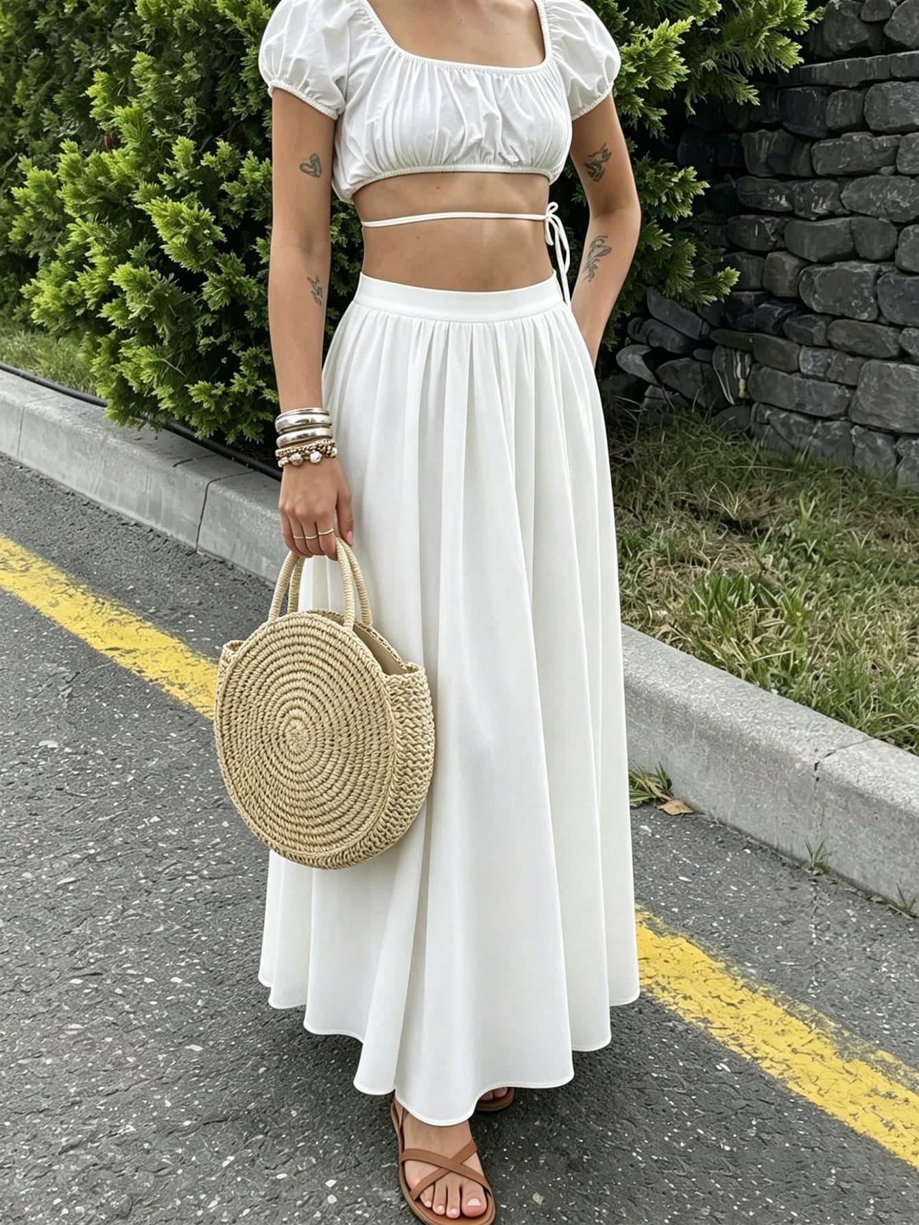 Solid Color Casual Bohemian Skirt White Summer